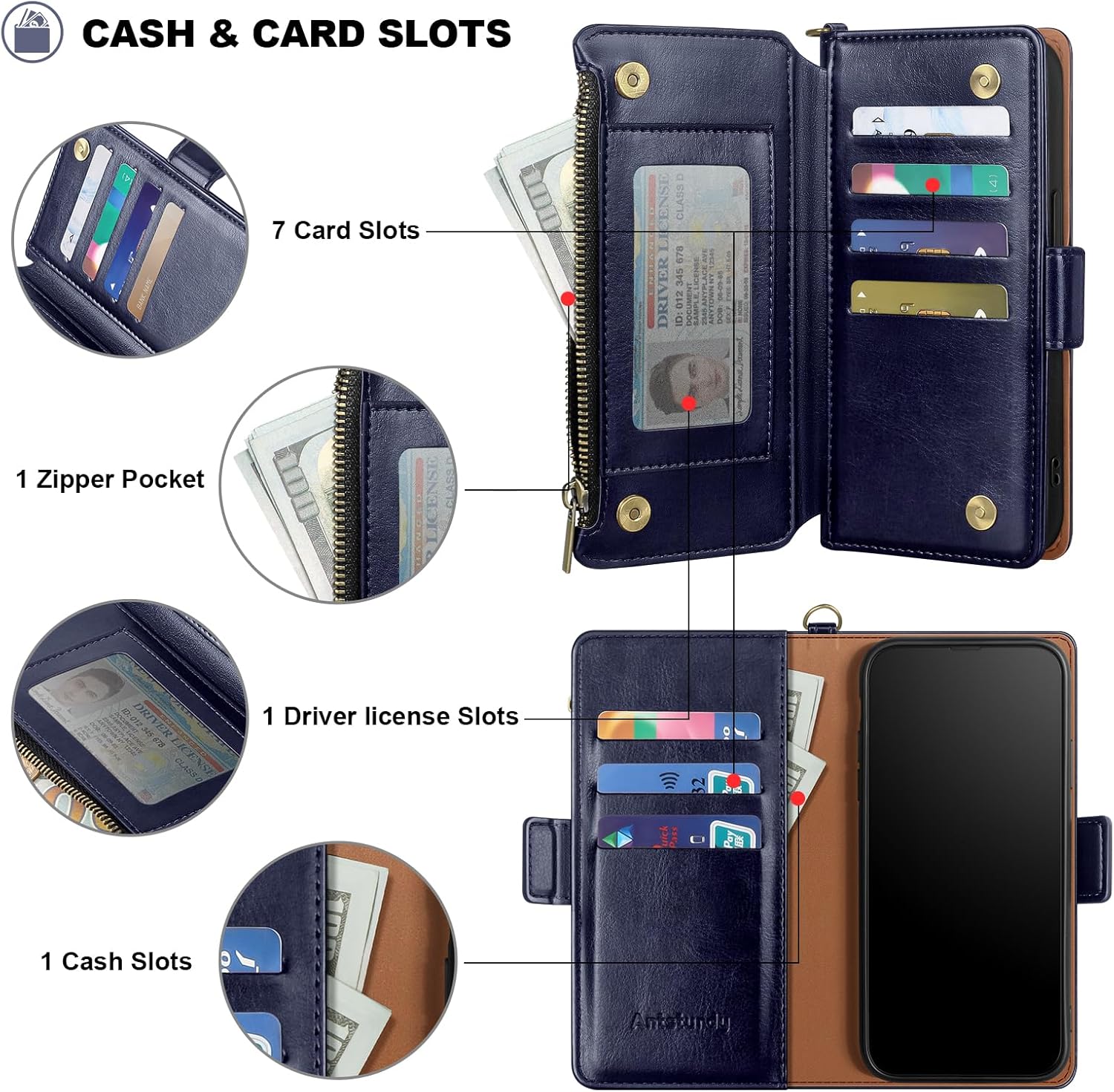 Antsturdy Compatible with Google Pixel 7 Pro Case Wallet with Card Holder,Phone Case RFID Blocking PU Leather Flip Shockproof Cover with Wrist Strap Zipper Credit Card Slots for Women Men,Dark Blue