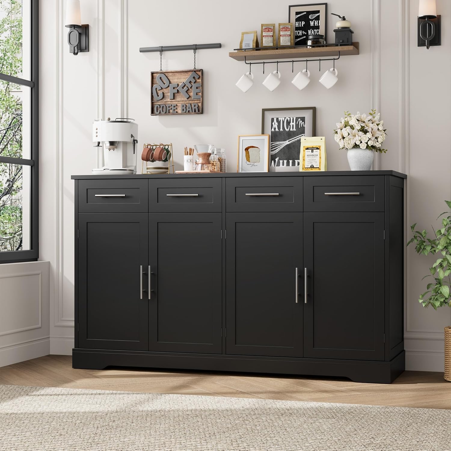 HOSTACK 60-inch Large Buffet Sideboard in a kitchen setting, showcasing its use as a coffee bar cabinet.