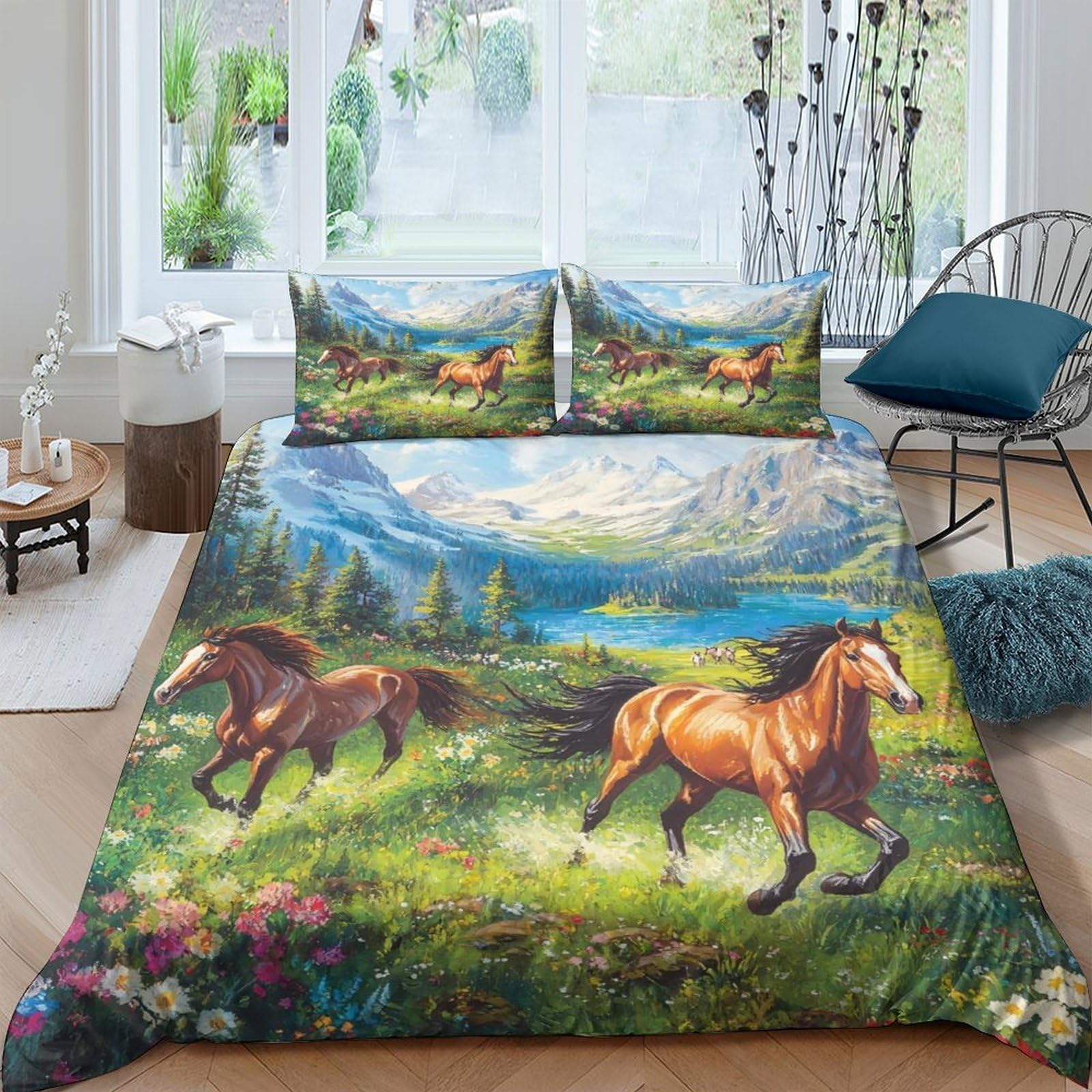 Ctjqhvkz Style-3 3D Printed Running Horse Fitted Sheet Microfiber Scenic Meadow Bed Cover Anti-Slip Machine Washable Bedroom Decor Single（135X200cm）