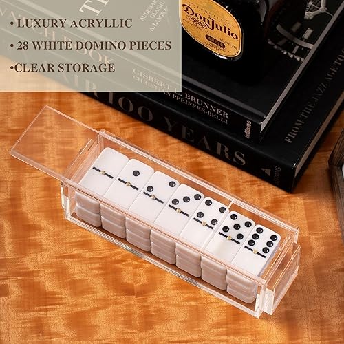 Miniatura 4 de Bey-Berk Juego de dominó acrílico de lujo de 28 piezas, para adultos y niños, con piezas de juego blancas y almacenamiento de acrílico transparente,