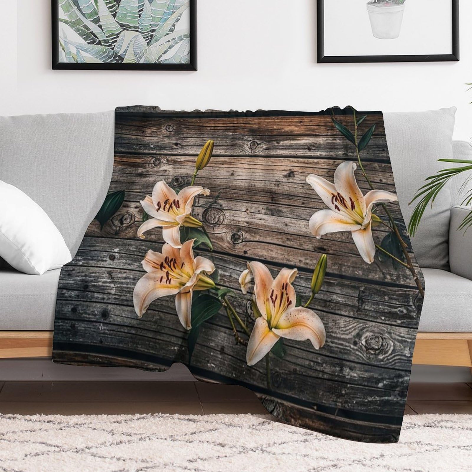 Couverture en micro polaire motif lys 152x203 cm grand jeté doux
