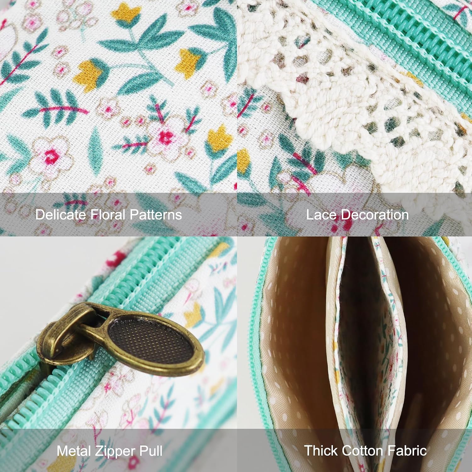 FuninCrea Mini Coin Purse for Women, Floral Pattern Coin Pouch with 2 Zipper Pockets Cotton Change Purse Pouch Wallet for Storing Card Change Key (Light Green) image 3
