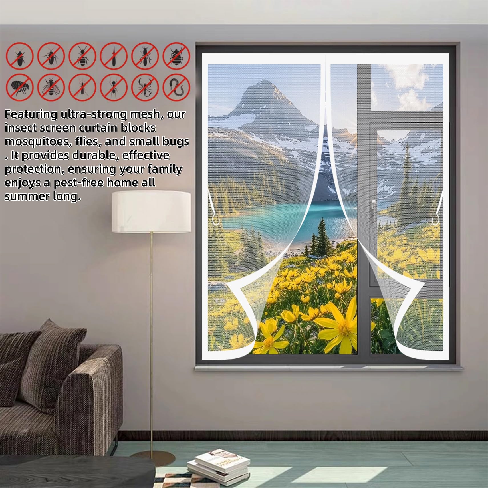 Fliegenvorhang Magnetisch 168 x 178 cm Automatisches Schließen, Klettband Oben, Nicht Kürzbar Vorhang Fliegengitter Fenster für Terrasse Schlafzimmer Usw, Weiß