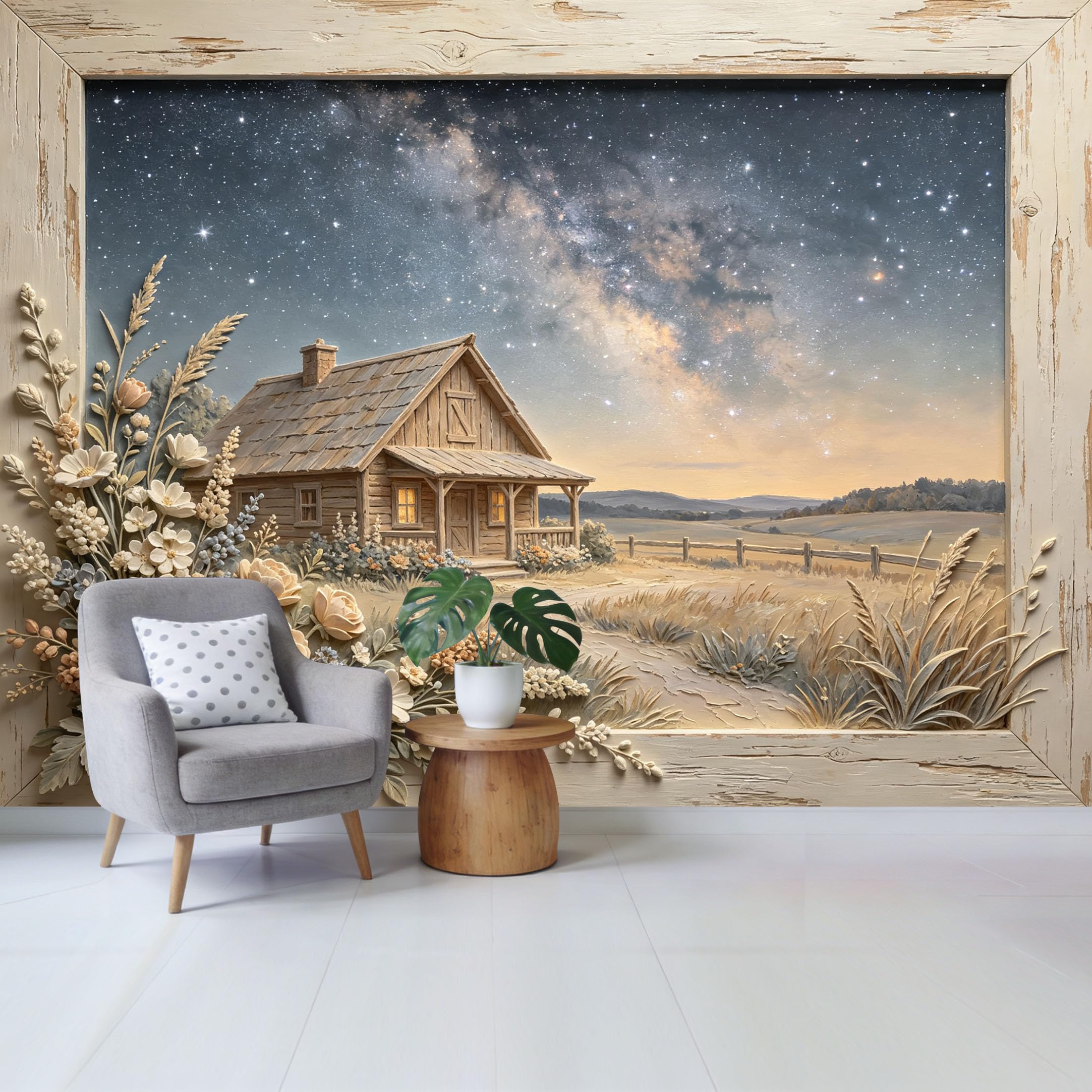 Qzlithotic Yq2605250954 Custom Size Wall Mural Farmhouse Cabin Under Milky Way Starry Sky Botanical Flower Relief Selfadhesive Wall Fabric Removable Wallpaper For Home Office Decor