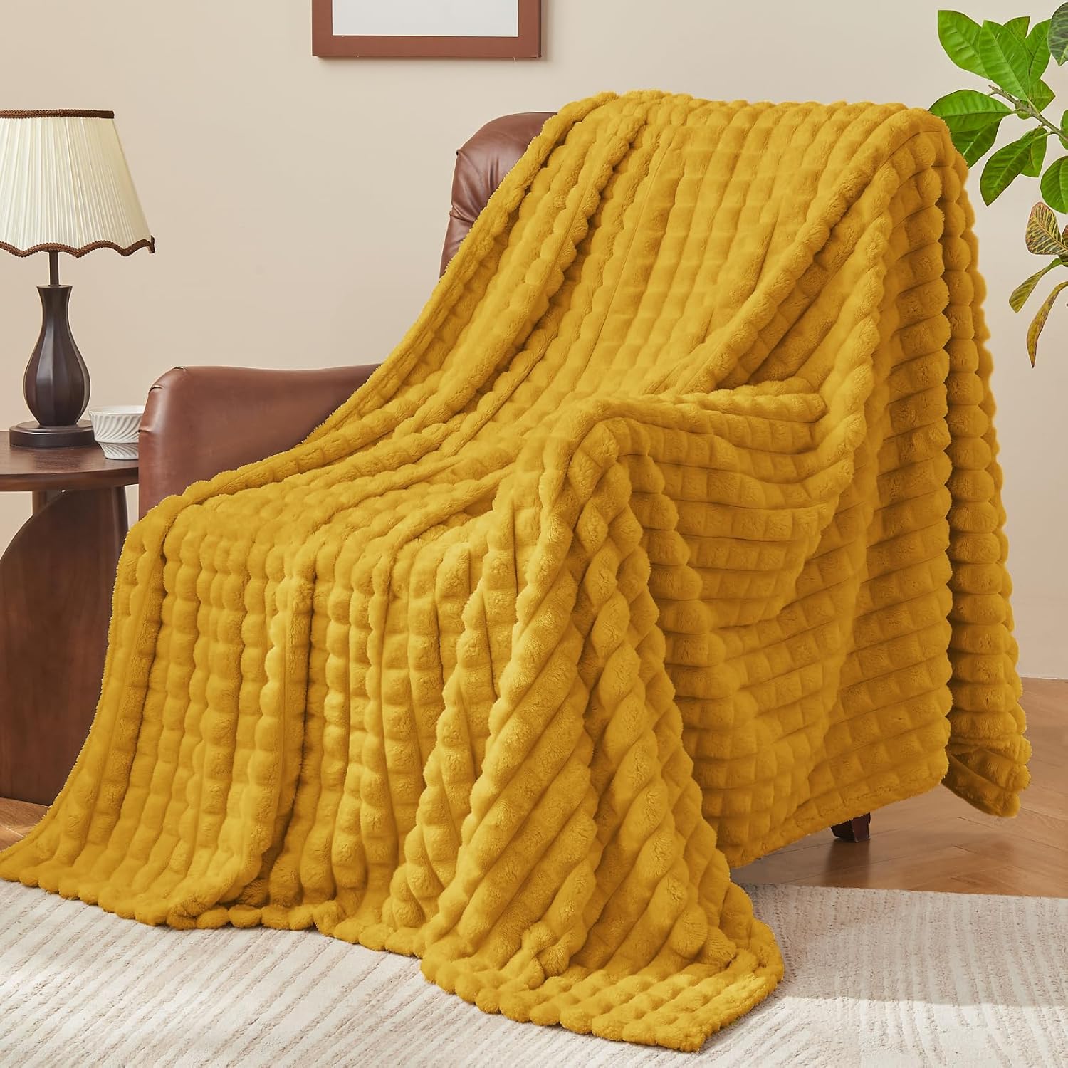 BEDELITE Mustard Yellow Throw Blanket for Couch and Bed- Super Soft and Warm 3D Checkered Fluffy Fuzzy Fleece Blanket, Luxurious Plush Cozy Blanket for Room Decor Spring, 50x60 inches - Image 3