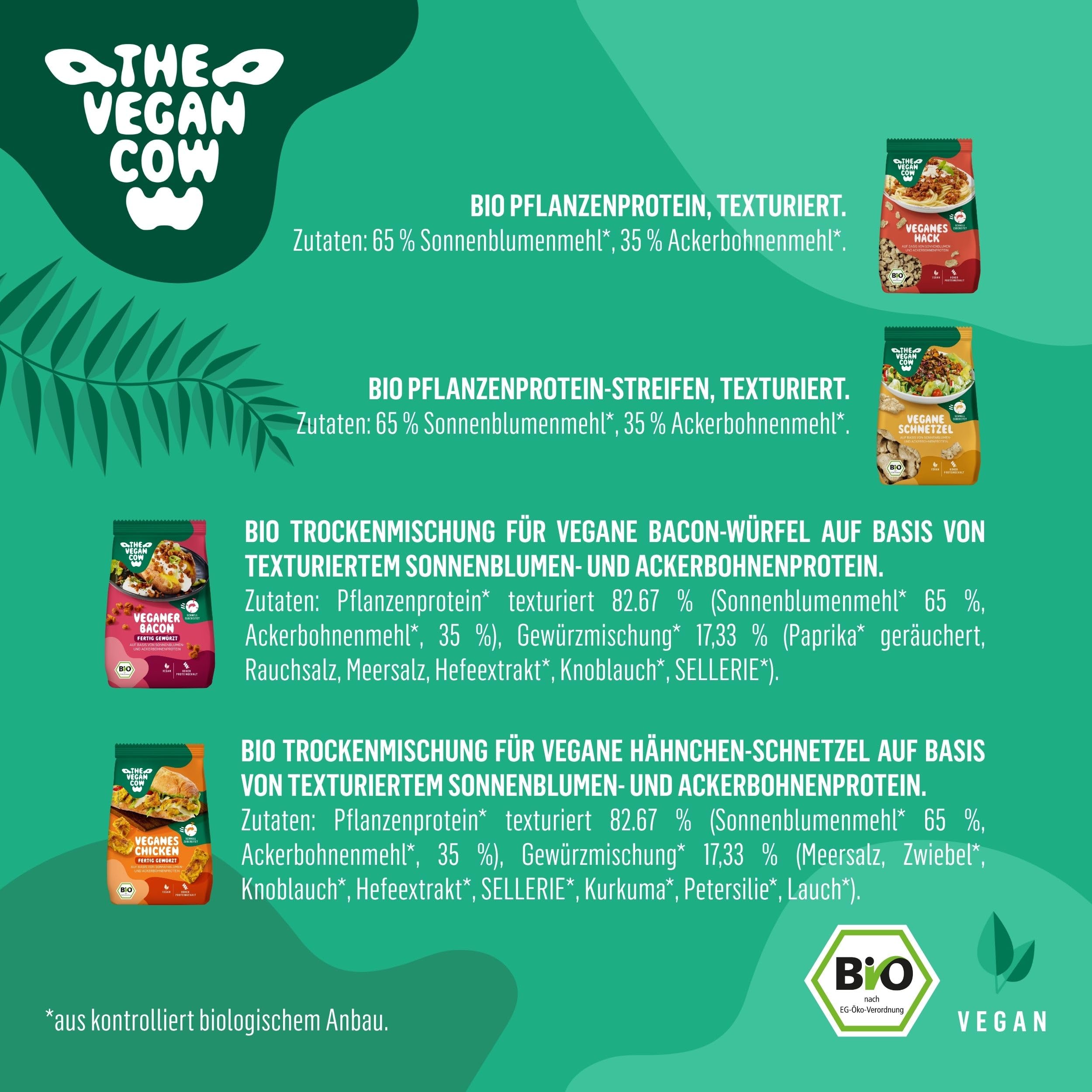THE VEGAN COW - Probierpaket - je 75g I Veganes Hack I Veganes Schnetzel I Veganes Chicken I Veganer Bacon I Bio-Fleischersatz - doppelte Proteinquelle