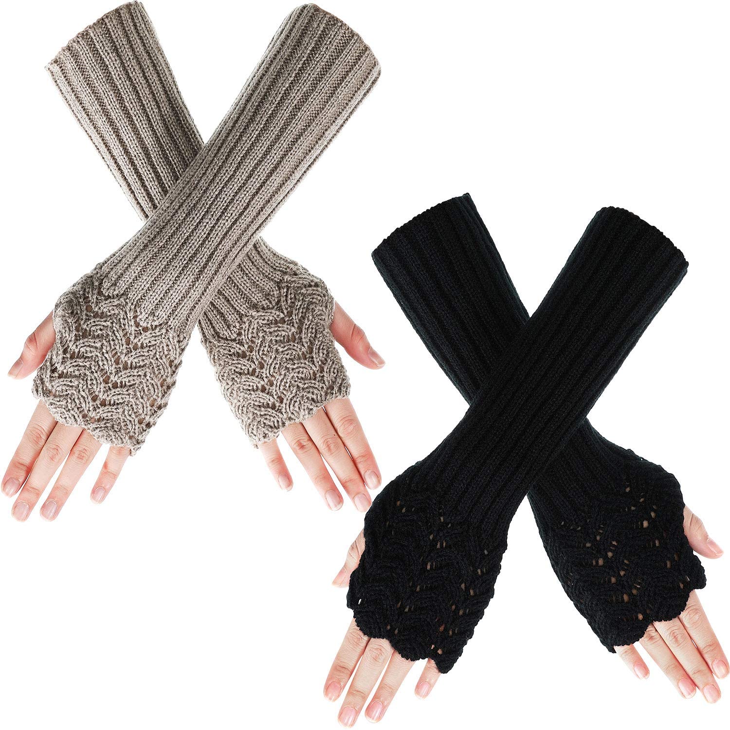 MAKINGTEC 2 Pairs Winter Warm Knitted Long Arm Warmers Gloves Scale Design Knitted Arm Warmer Thumb Hole Gloves