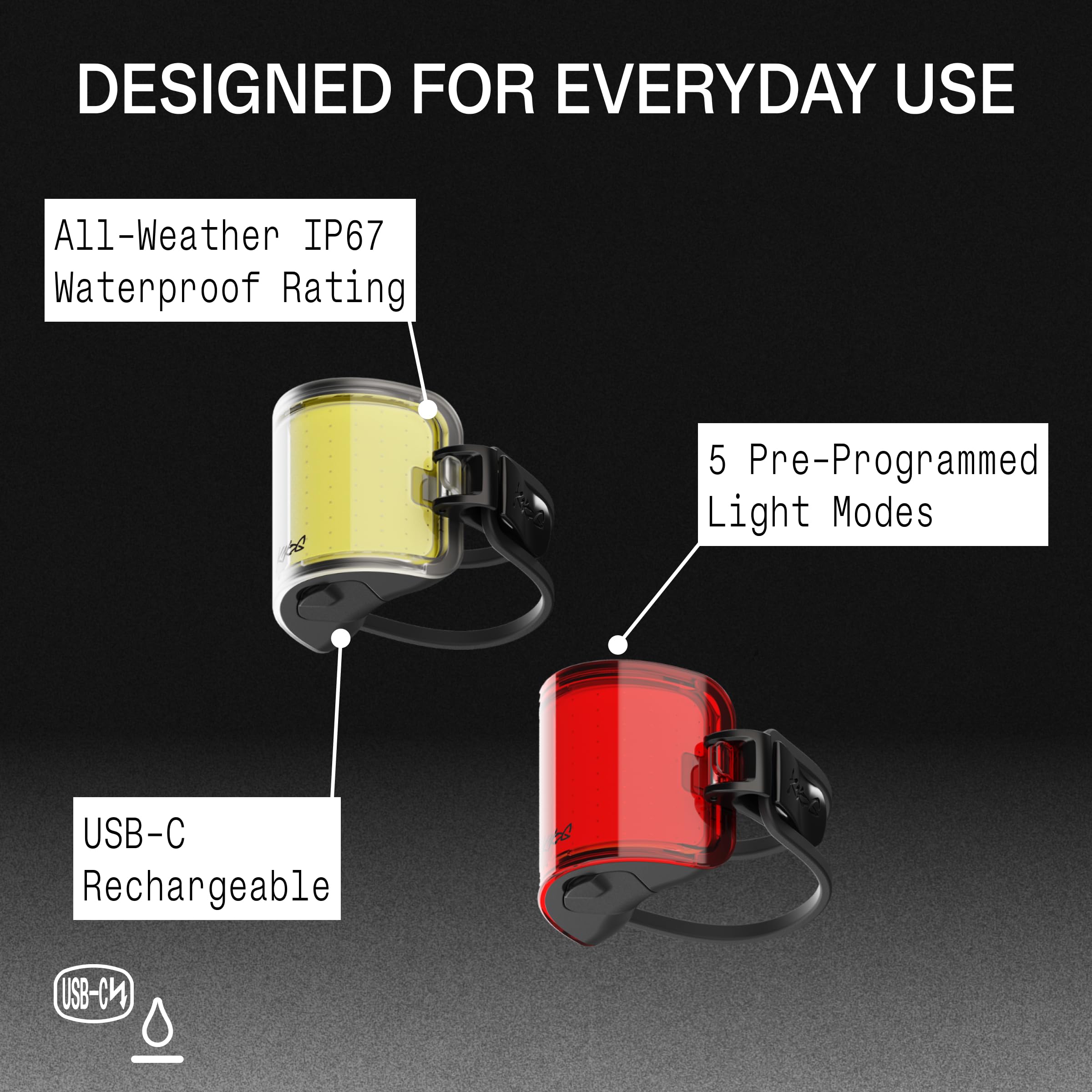 Knog Cobber - Mini luz para bicicleta, 120 lúmenes delanteros y traseros de 75 lúmenes, luces LED recargables USB-C, ángulo de haz de 330°, 5 modos, impermeable IP67, compatible con barras estándar y