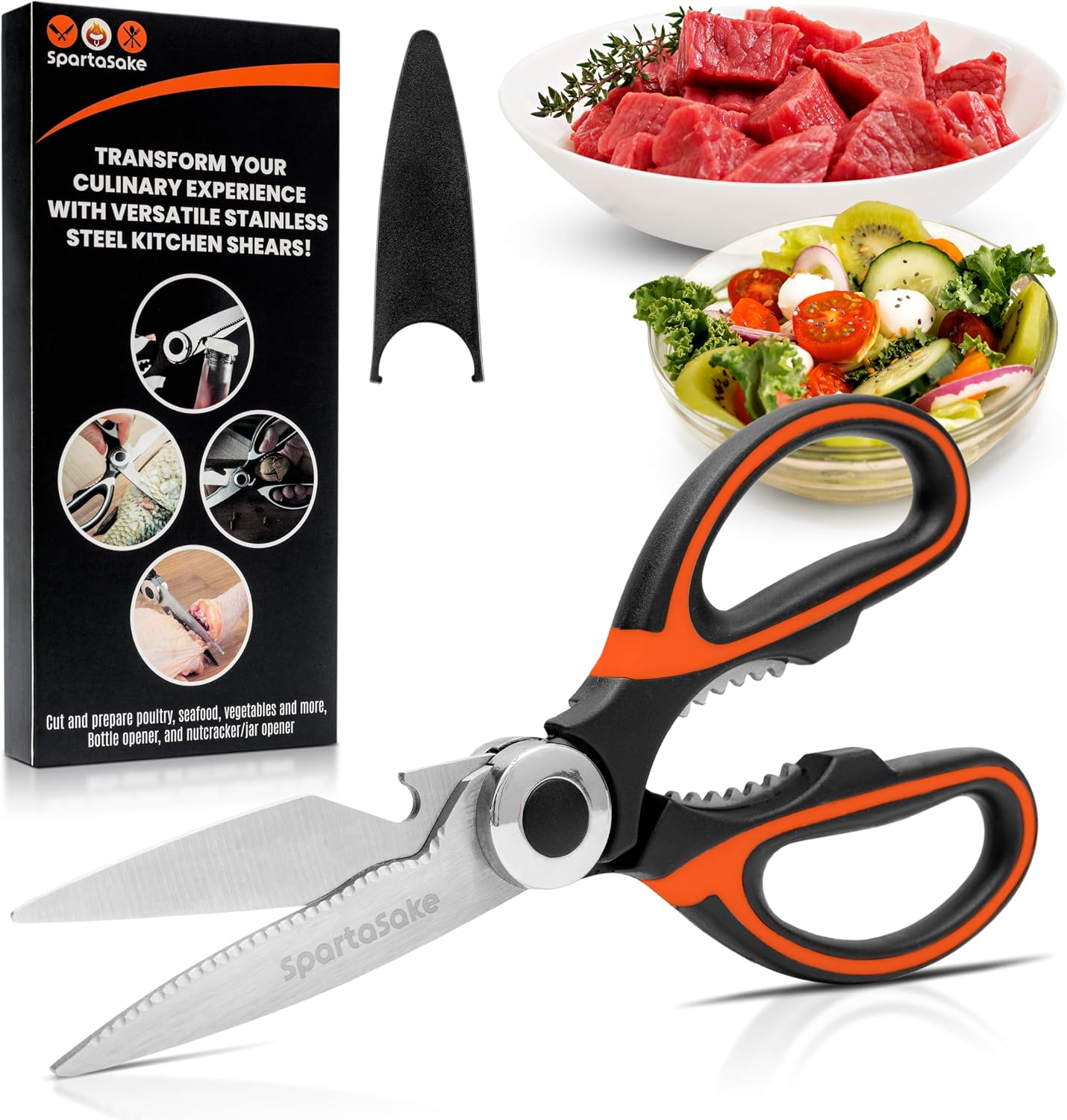 Premium Kitchen Shears, Stainless Steel Food Scissors, Black & Orange
