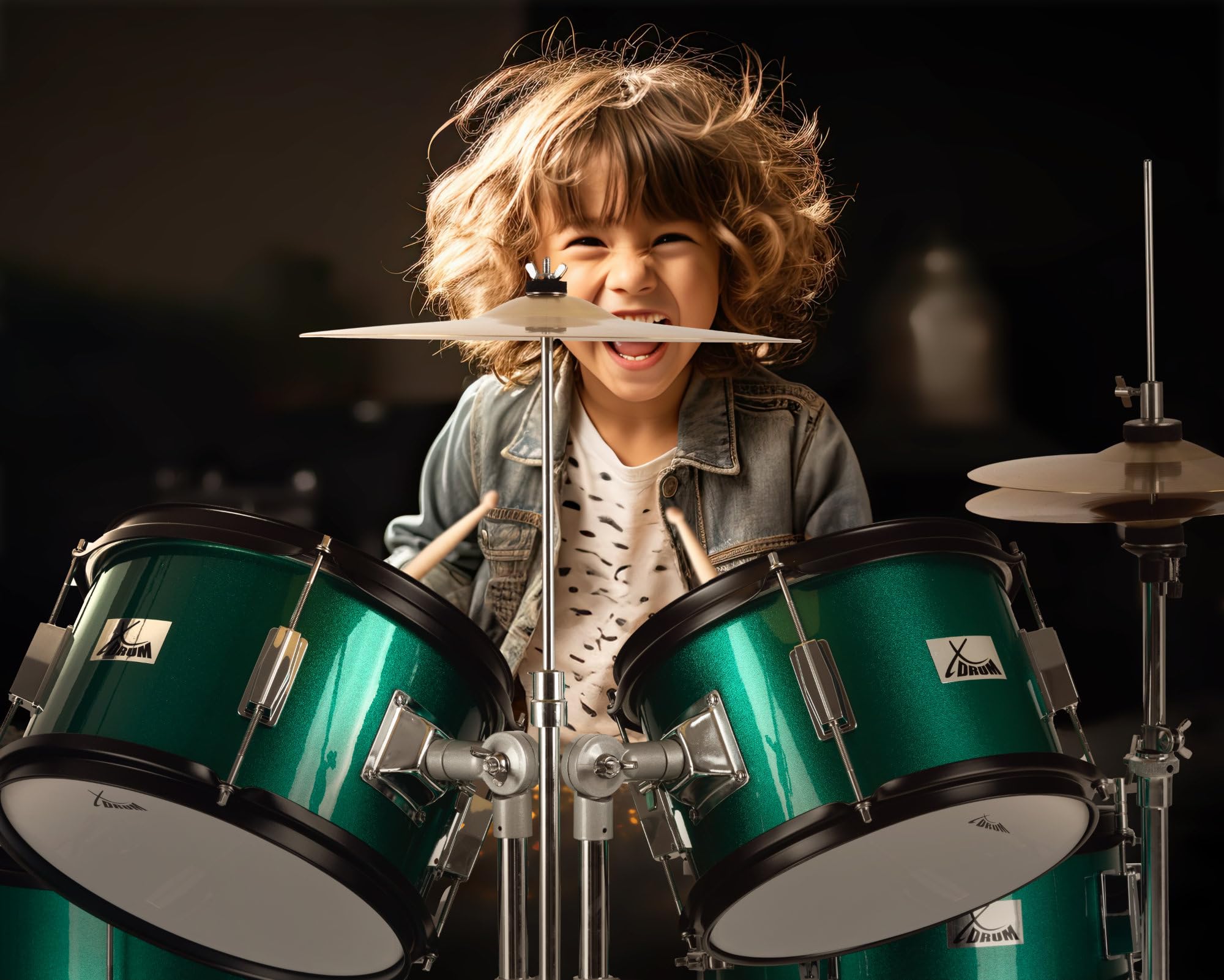 XDrum Junior Pro Kinder Schlagzeug Emerald Green Sparkle - geeignet von 5-9 Jahren - Drumset mit komplettem Zubehör - inkl. Schule - Grün