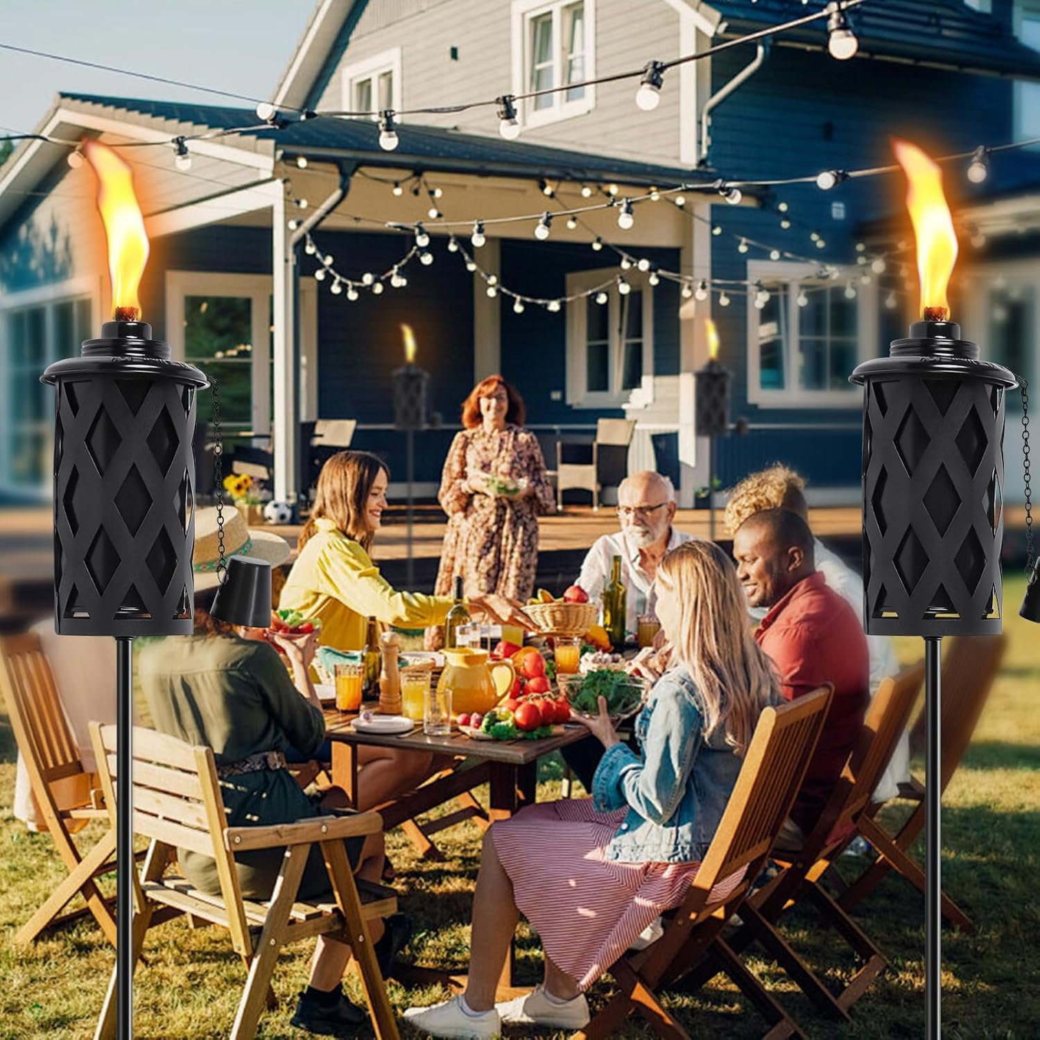 4 Pack Citronella Torches for Outside, 16 Oz Outdoor Garden Torch with 5-Prong Grounded Stake, 59 Inch Metal Torch for Home Décor, Outside Torches for Backyard, Garden, Patio