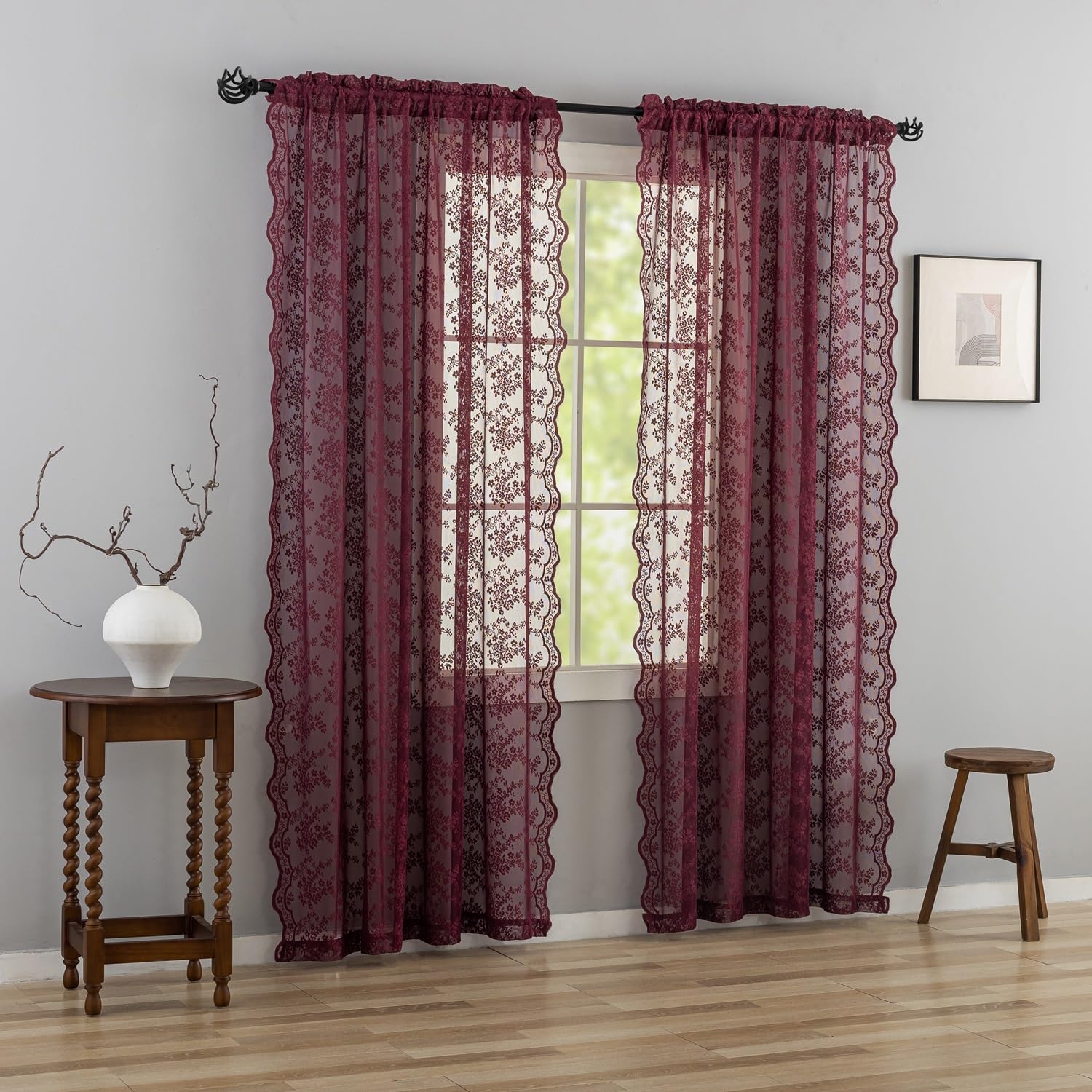 YJ YANJUN Vintage Lace Curtains 84 Inches Long- Elegant Floral Maroon Sheer Curtains Timeless Christmas Burgundy Drapes for Living Room Bedroom Privacy 7 FT 52W x 84L (Set of 2) Deep Merlot — image 1