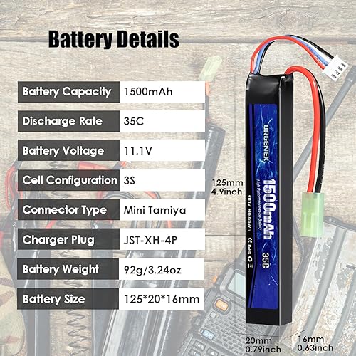 Miniatura 2 de URGENEX Airsoft Battery 11.1V 1500mAh 35C High Discharge Rate Lipo Battery Pack with Mini Tamiya Plug Rechargeable 3S Lipo Battery for Airsoft Model