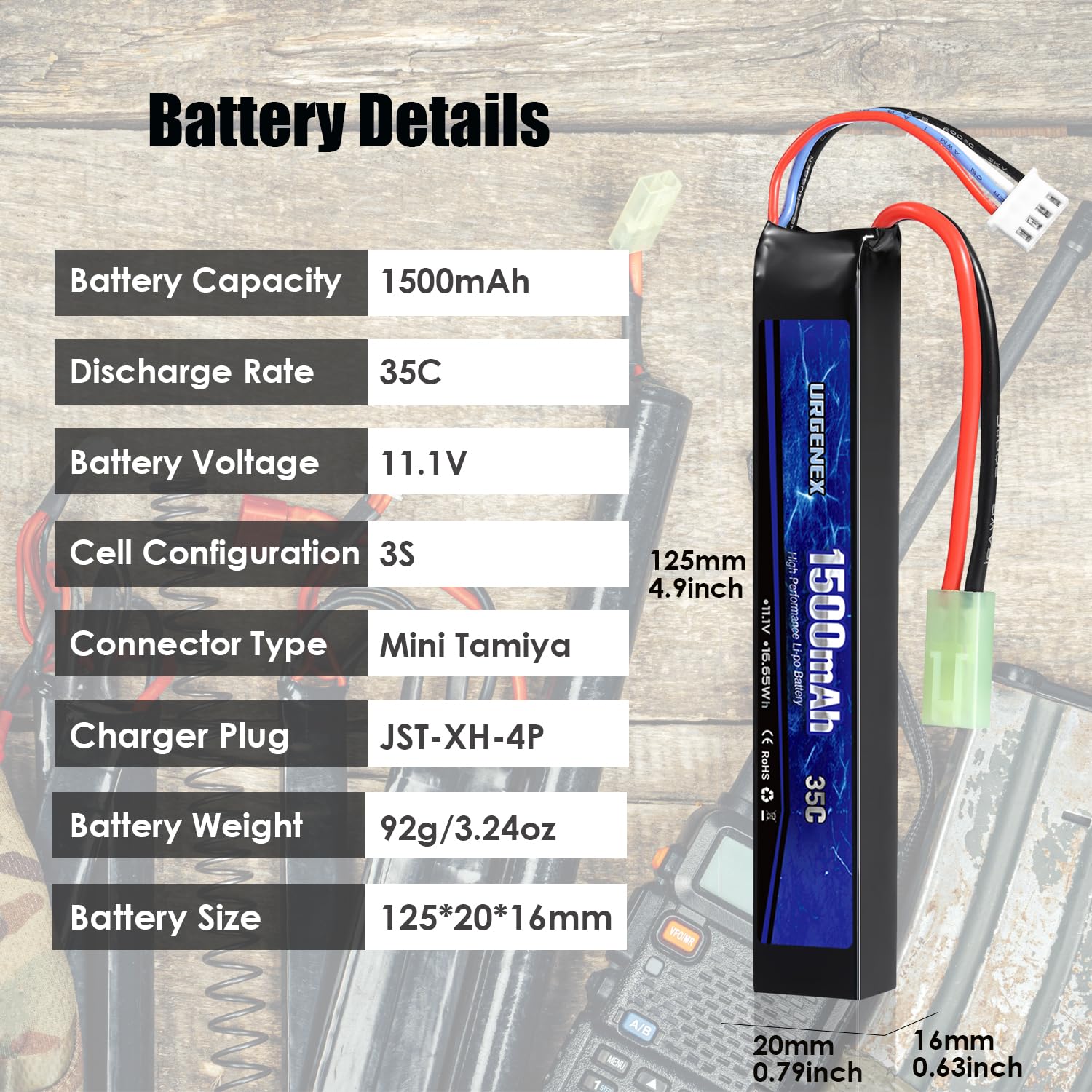 URGENEX Airsoft Battery 11.1V 1500mAh 35C High Discharge Rate Lipo Battery Pack with Mini Tamiya Plug Rechargeable 3S Lipo Battery for Airsoft Model Guns