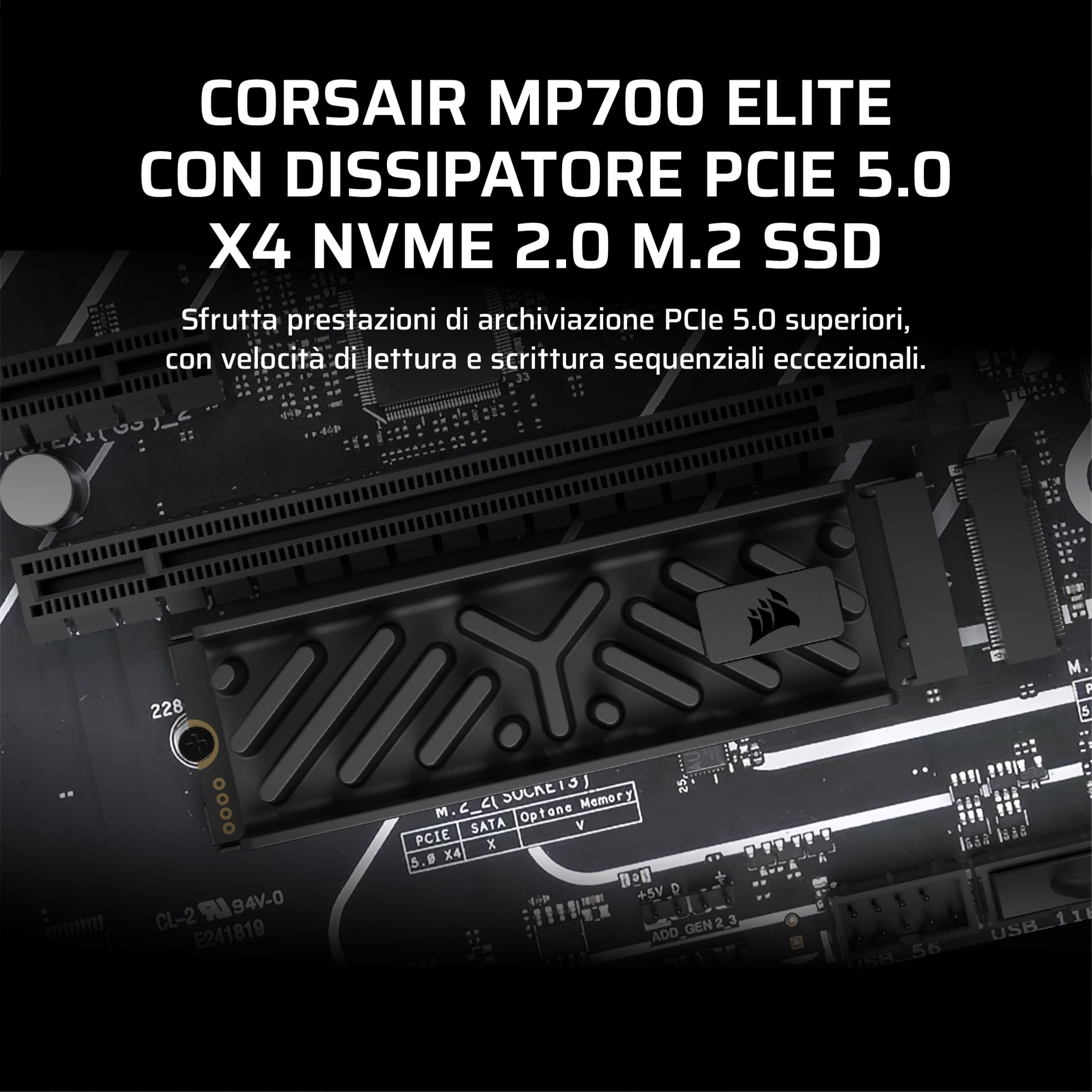CORSAIR MP700 ELITE 1TB PCIe 5.0 x4 NVMe M.2 SSD – Dissipatore in Alluminio Incluso – Fino a 10,000MB/sec – Alta Densità 3D TLC NAND – M.2 2280 - Compatibile con DirectStorage – Nero