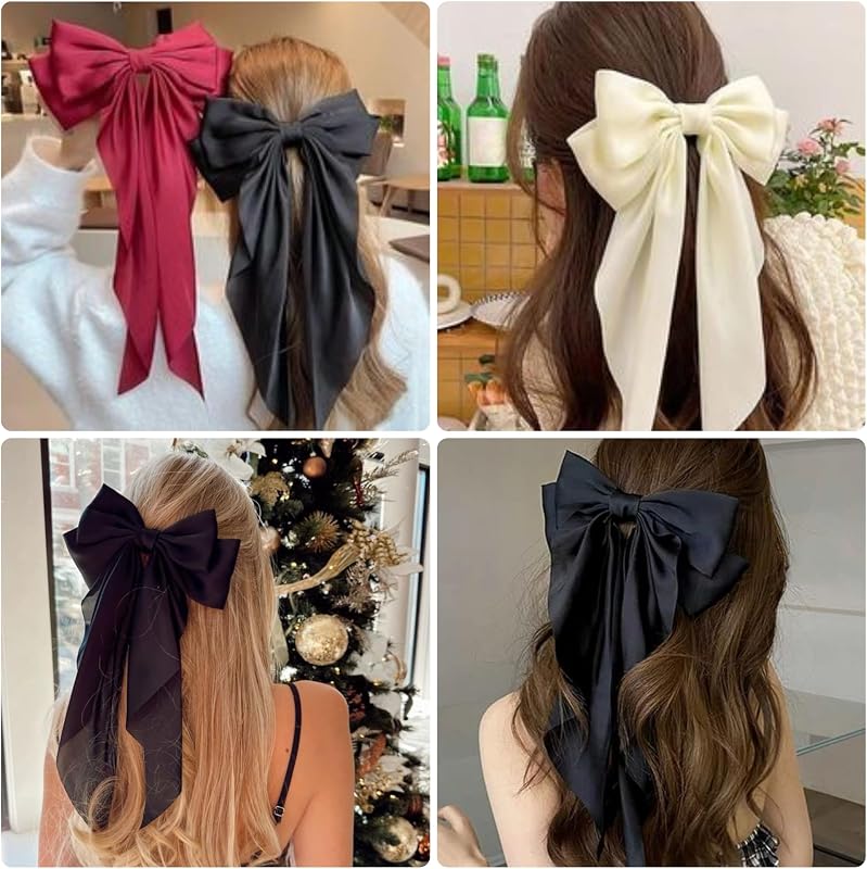 YUUYEE Hair Bows for Women Large – White, Red, Black – Long ribbon tassel tails