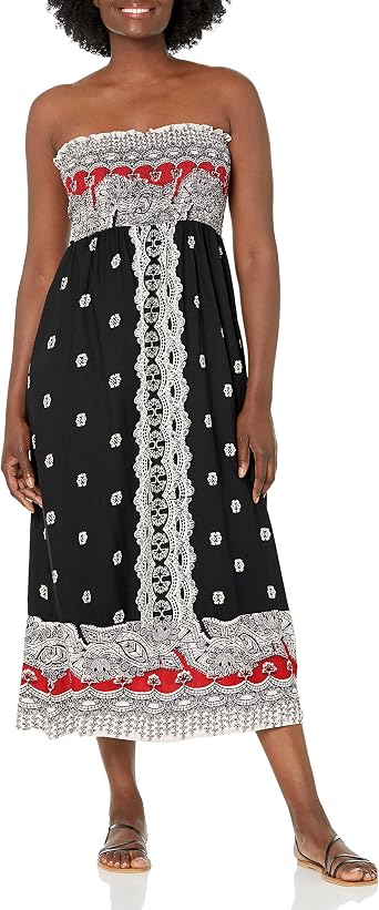 Angie Womens Printed Smocked Bodice Strapless Maxi Dress
