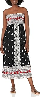 Womens Printed Smocked Bodice Strapless Maxi Dress