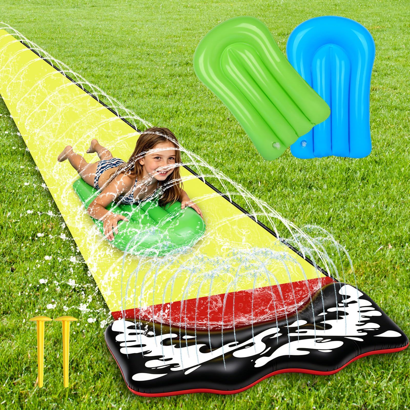 Wasserrutsche Garten für Kinder, 480 * 71cm Wasserrutschmatte mit 2 Bodyboards, Wasserrutsche Kinder Draußen, Sommer-Wasserspielzeug für Gärten Rasenflächen und den Außenbereich