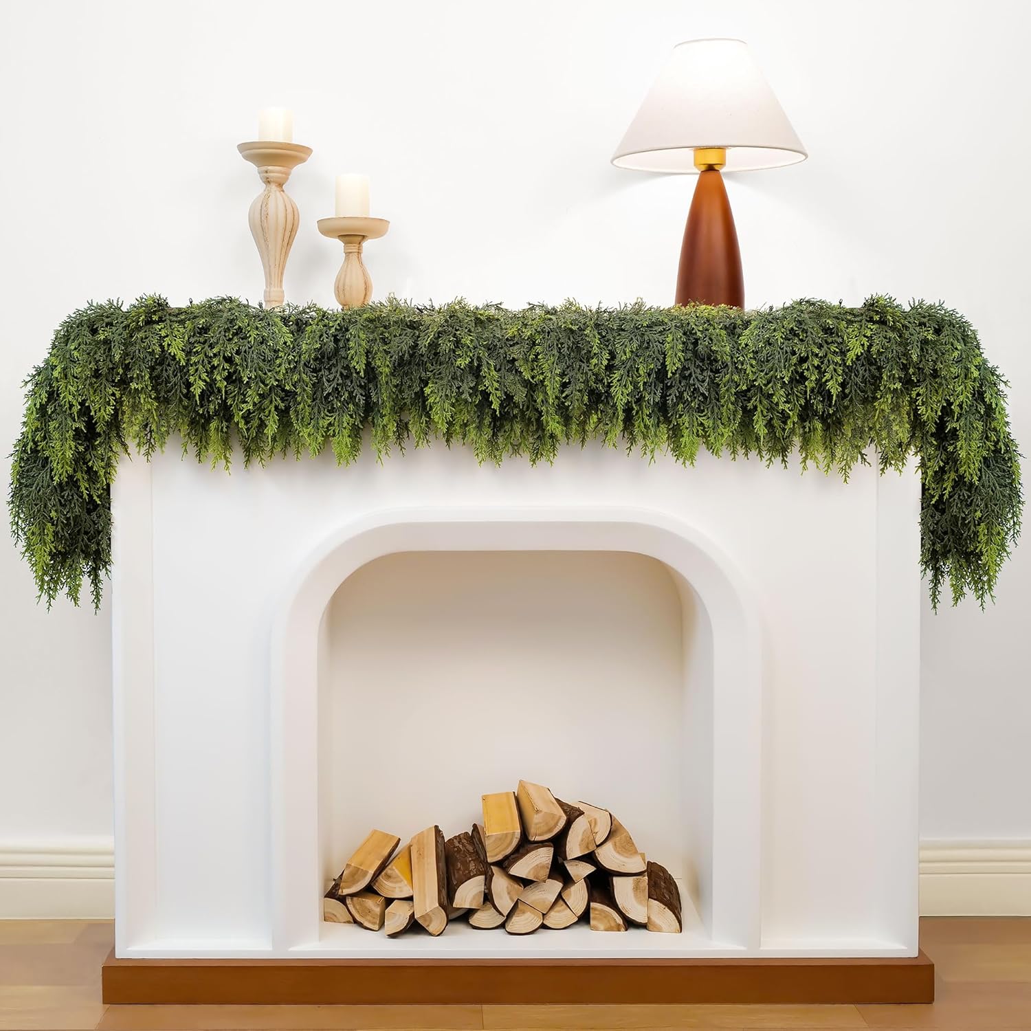 6ft Christmas Garland with Lights, Cedar Garland, Thick Realistic Green Cedar Pine Garland for Mantle, Stairs Railing, Indoor Outdoor New Year Decoration with Smart Timer