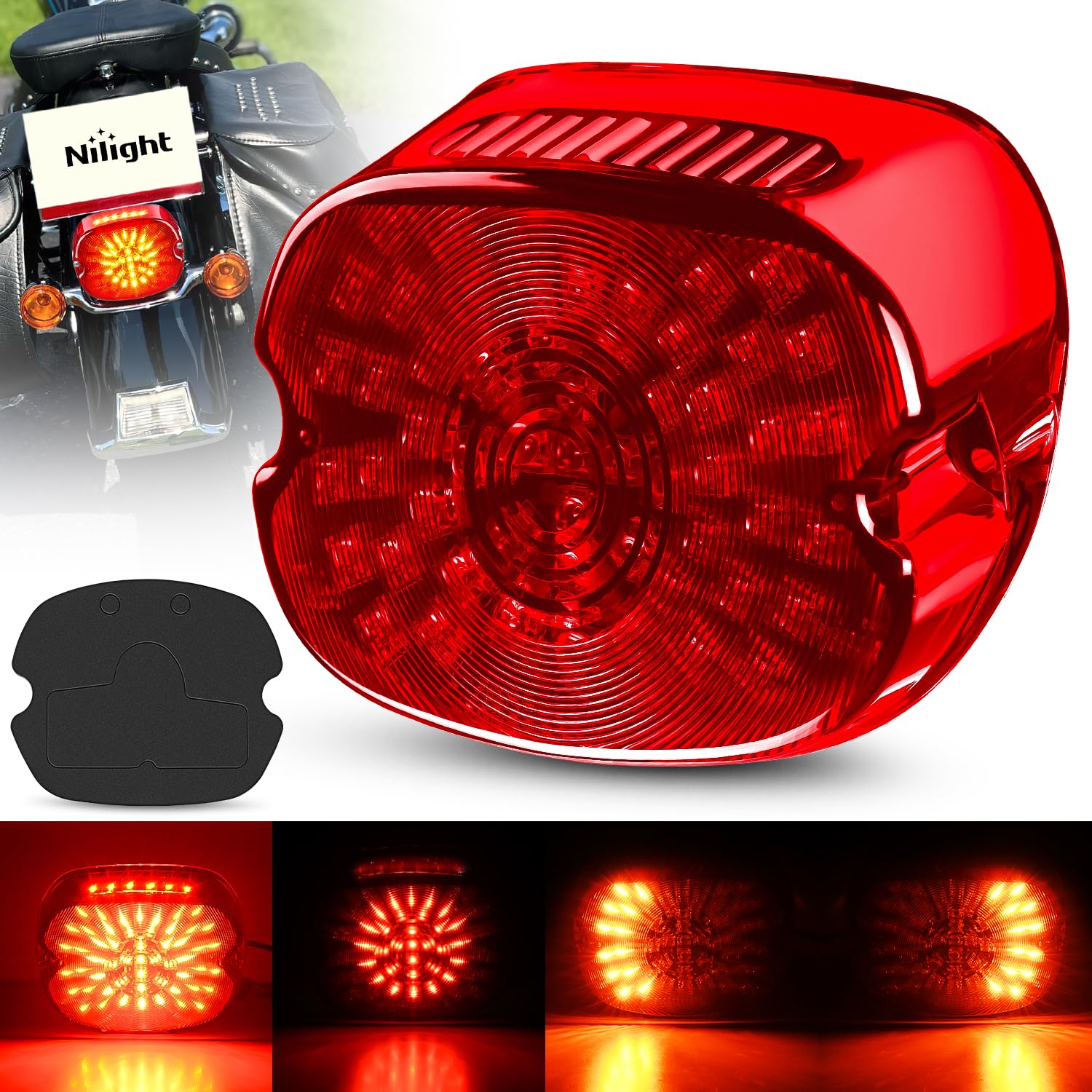 Nilight Motorcycle Tail Light Brake Turn License Plate for Harley, Red
