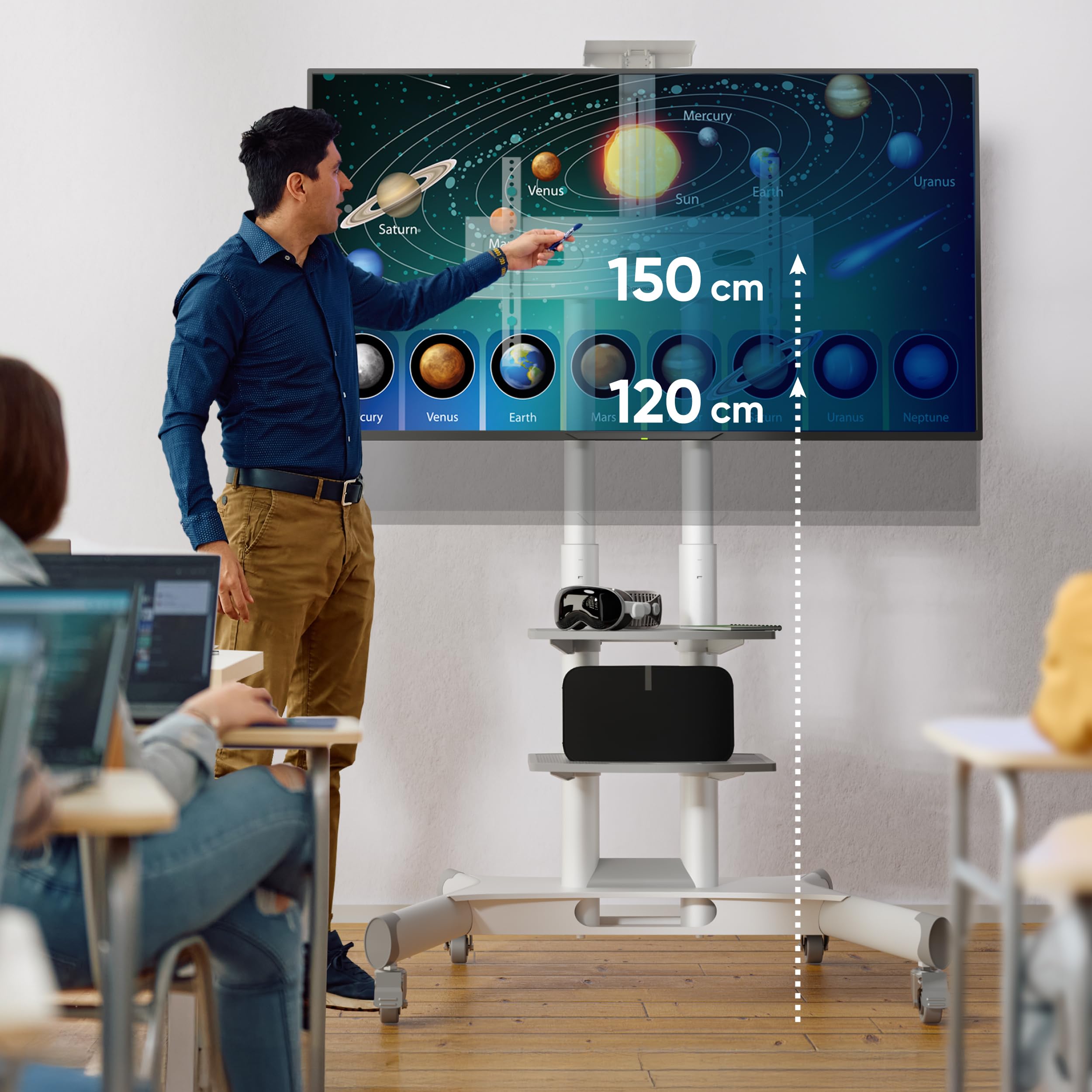 ONKRON Soporte TV Ruedas 40-70 Pulgadas, Carga Total 60.5 kg, VESA 100x100-600x400 mm, Soporte TV Pie Altura Ajustable con 2 Estantes, Pie Television Móvil con Ruedas Bloqueables, Blanco TS1552-W