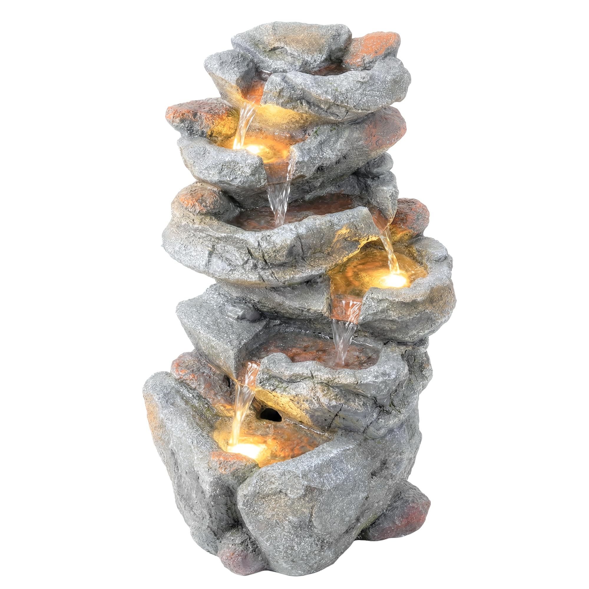 Outsunny Outdoor Water Fountain with 6-Tier Rock Style, Cascading Waterfall Feature with LED Lights, Adjustable Flow, Resin Freestanding Garden Fountain for Patio Garden, Grey