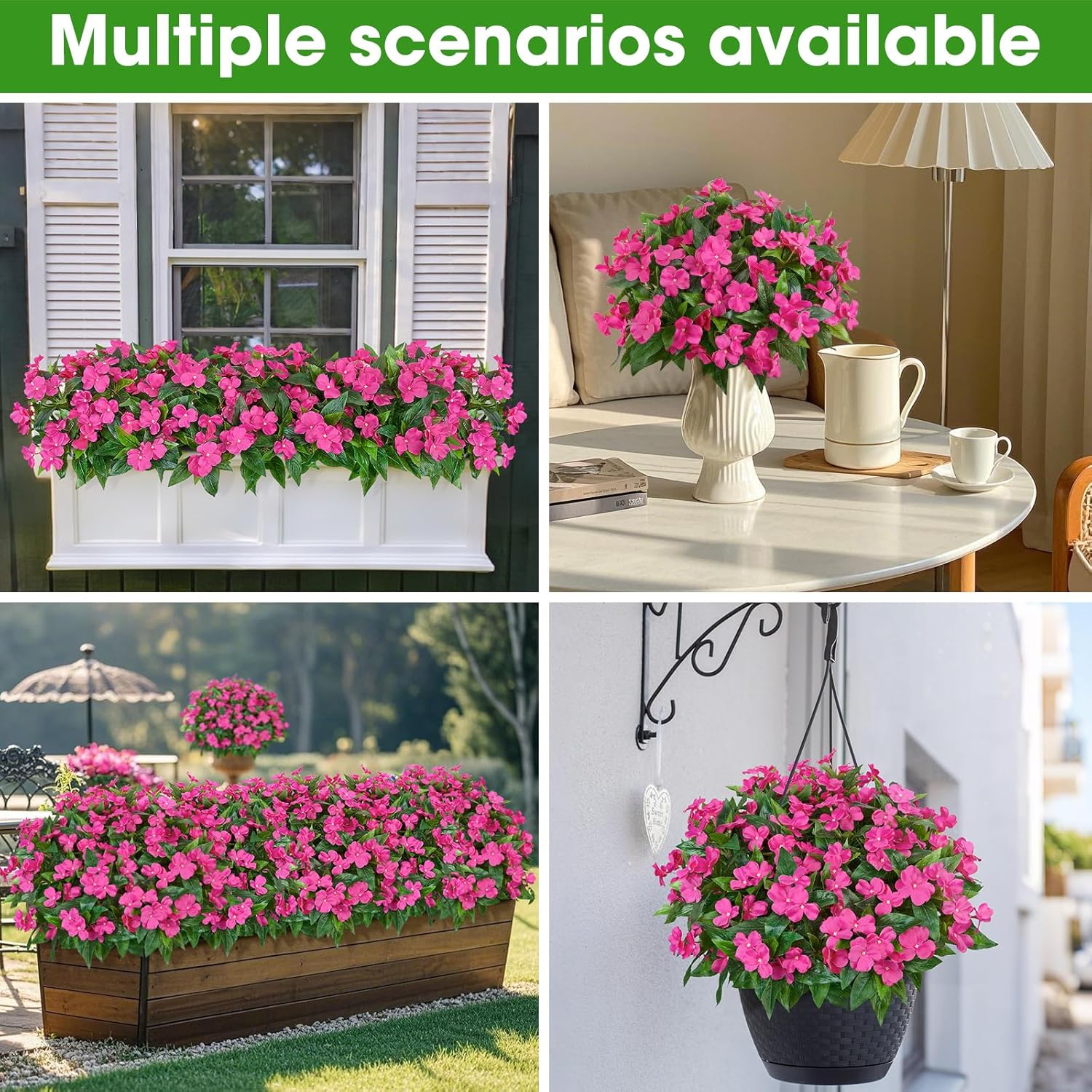 5 Pcs Artificial Flowers for Outdoors Silk Impatiens Flowers Bouquet Decorations Fake Faux Plants UV Resistant for Spring Summer Garden Patio Porch Window Box Balcony Planters Home, Fuchsia