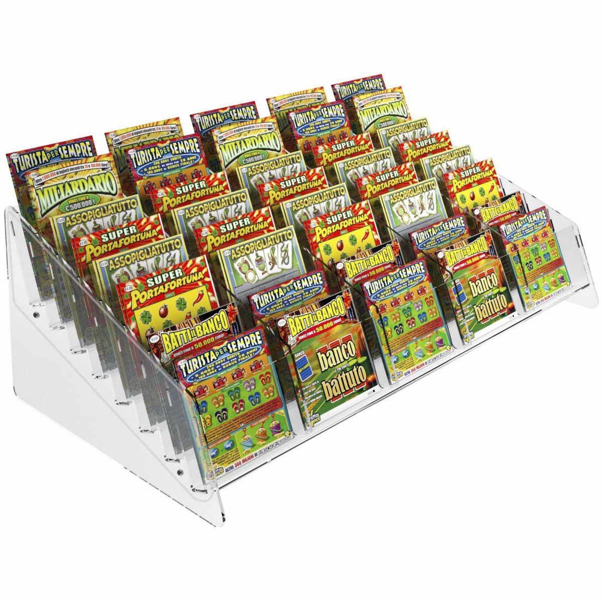 Espositore gratta e vinci da banco in plexiglass trasparente a 40 tasche Misure: 61 x 32 x H20 cm