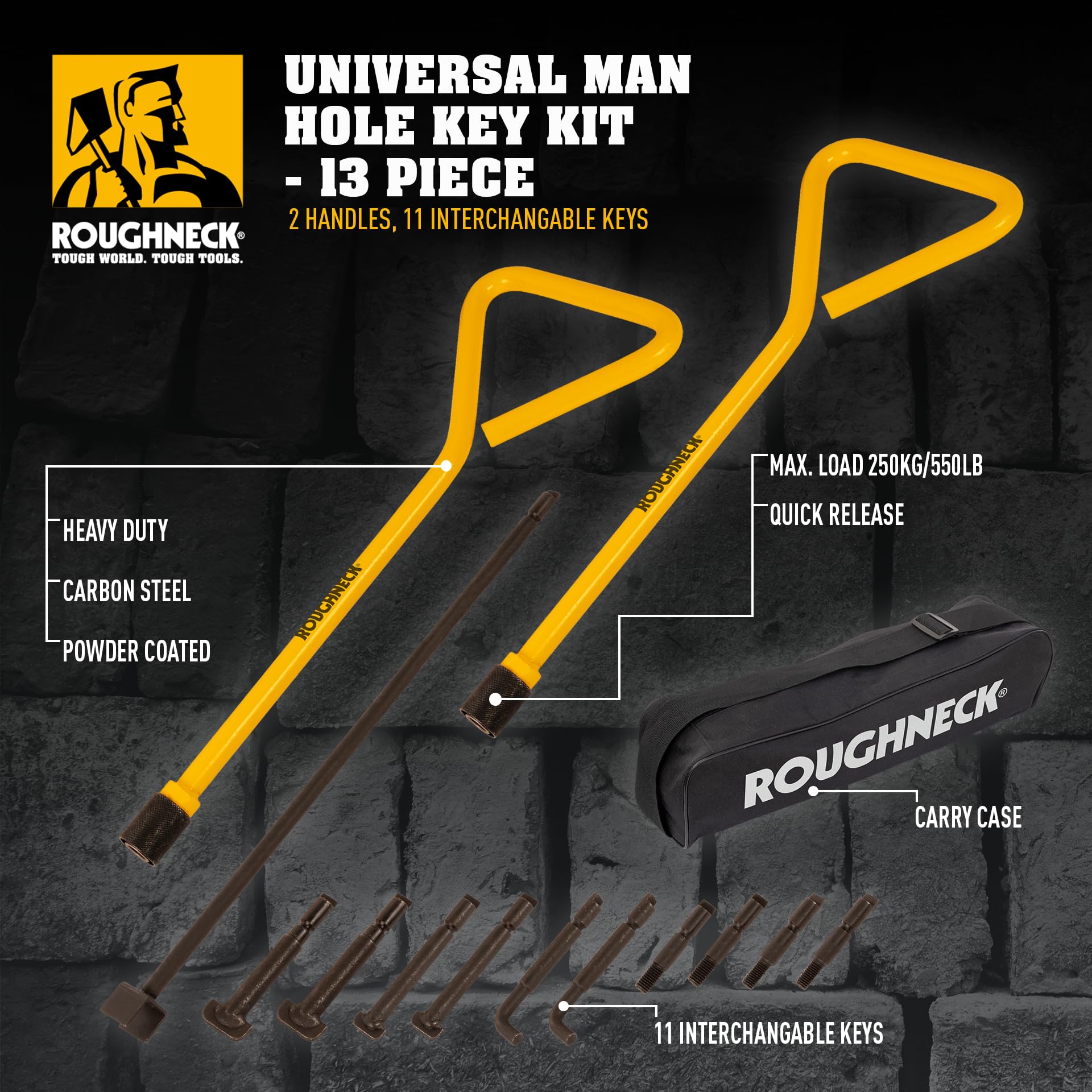 ROUGHNECK® Universal Manhole Key Set, 13 Pieces: 2 Handles, 11 Keys (6 Types) and Carry Case, Yellow - Image 3
