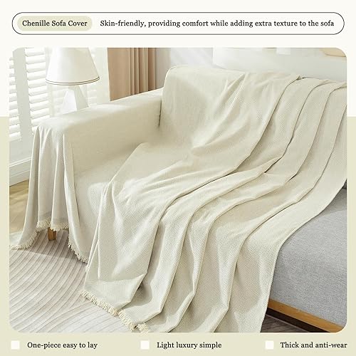 Miniatura 5 de DREAMINGO Funda minimalista moderna para sofá de mascotas, protector de felpilla blanca crema para sofá modular de 3 plazas, funda bohemia de espiga