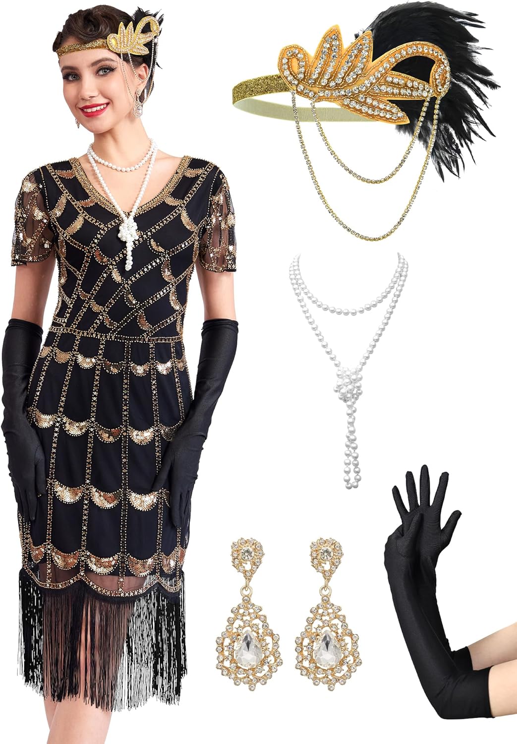 1920S Dresses for Women, Fringed Sequin Dresses Set, Roaring 20s Costumes with 20s Accessories for Harlem Nights