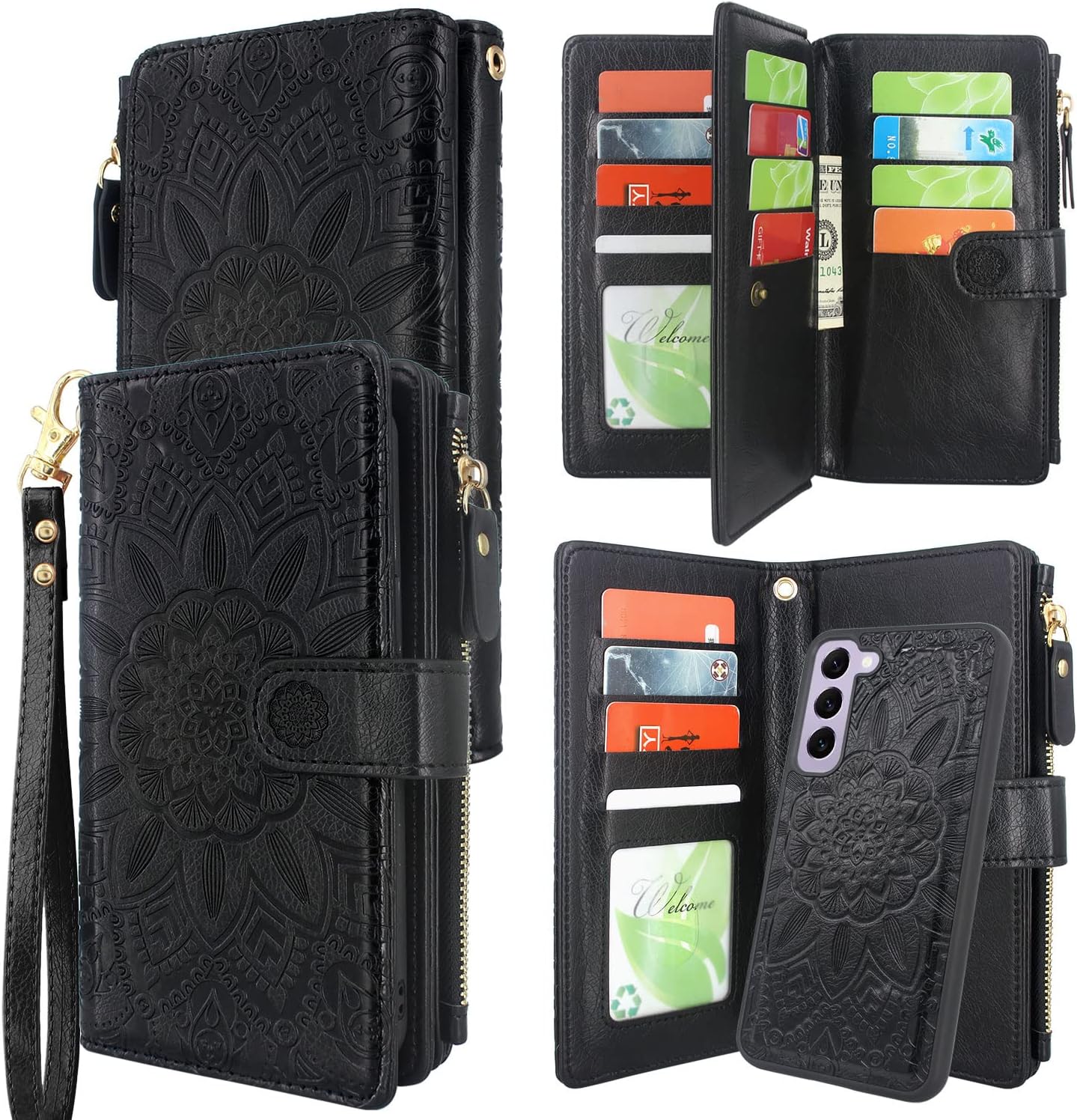 Harryshell Detachable Magnetic Zipper Wallet Leather Case with Cash Coin Pocket 12 Card Slots Holder Wrist Strap Lanyard for Samsung Galaxy S23 5G (2023) (Flower Black)
