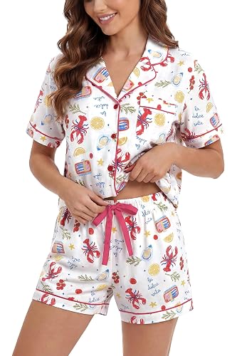 LUBOT 100% Cotton Pajamas for Women 2 Piece PJ Set Button-Down Soft Knit Short Sleeve Summer Sleepwear Loungewear XS-XXL