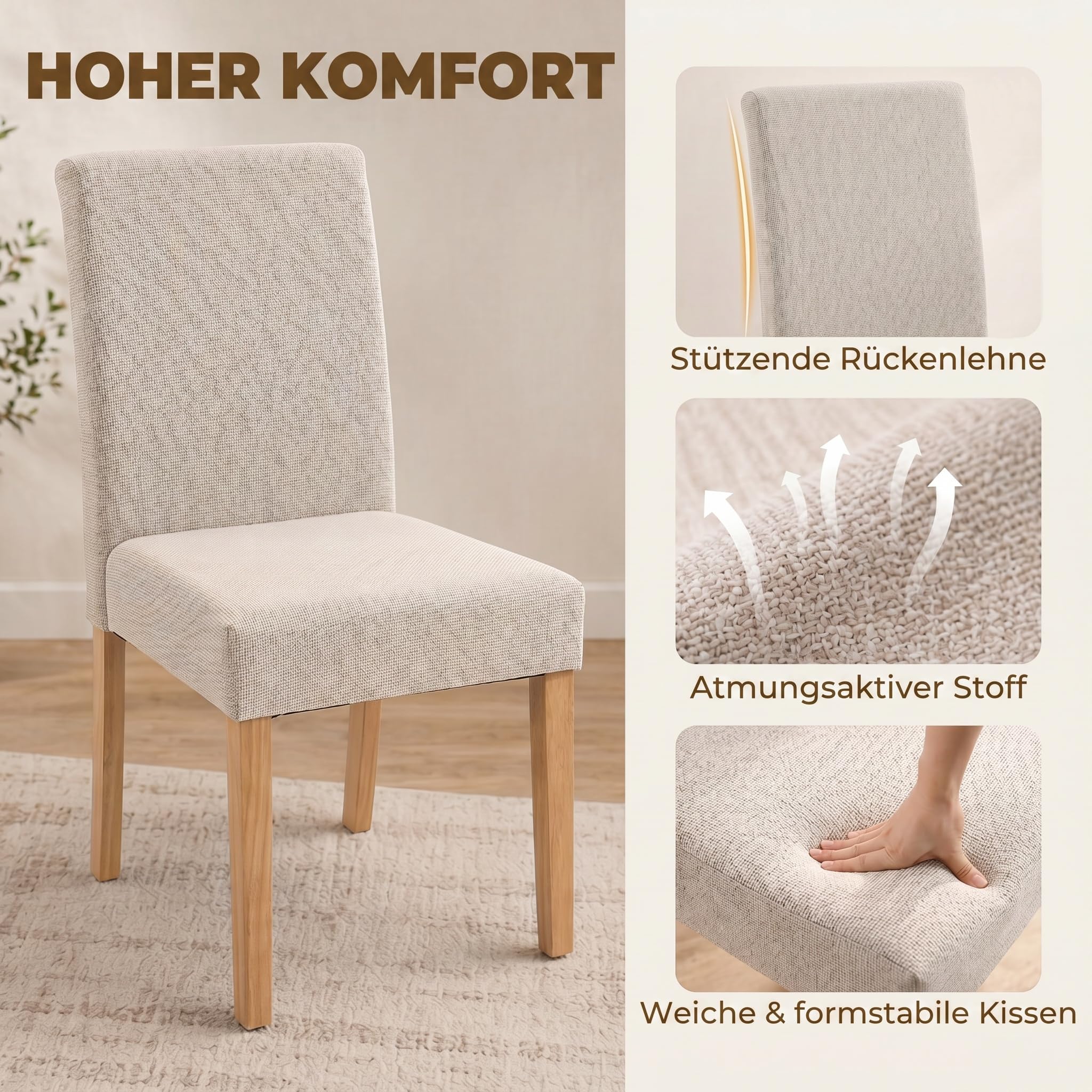 HOMCOM Esszimmerstühle 2er Set Rückenlehne Leinenoptik Essstuhl Cremeweiß | Küchenstuhl, Moderner Polsterstuhl, Kautschukholzbeinen, für Esstisch, Wohnzimmer, Esszimmer