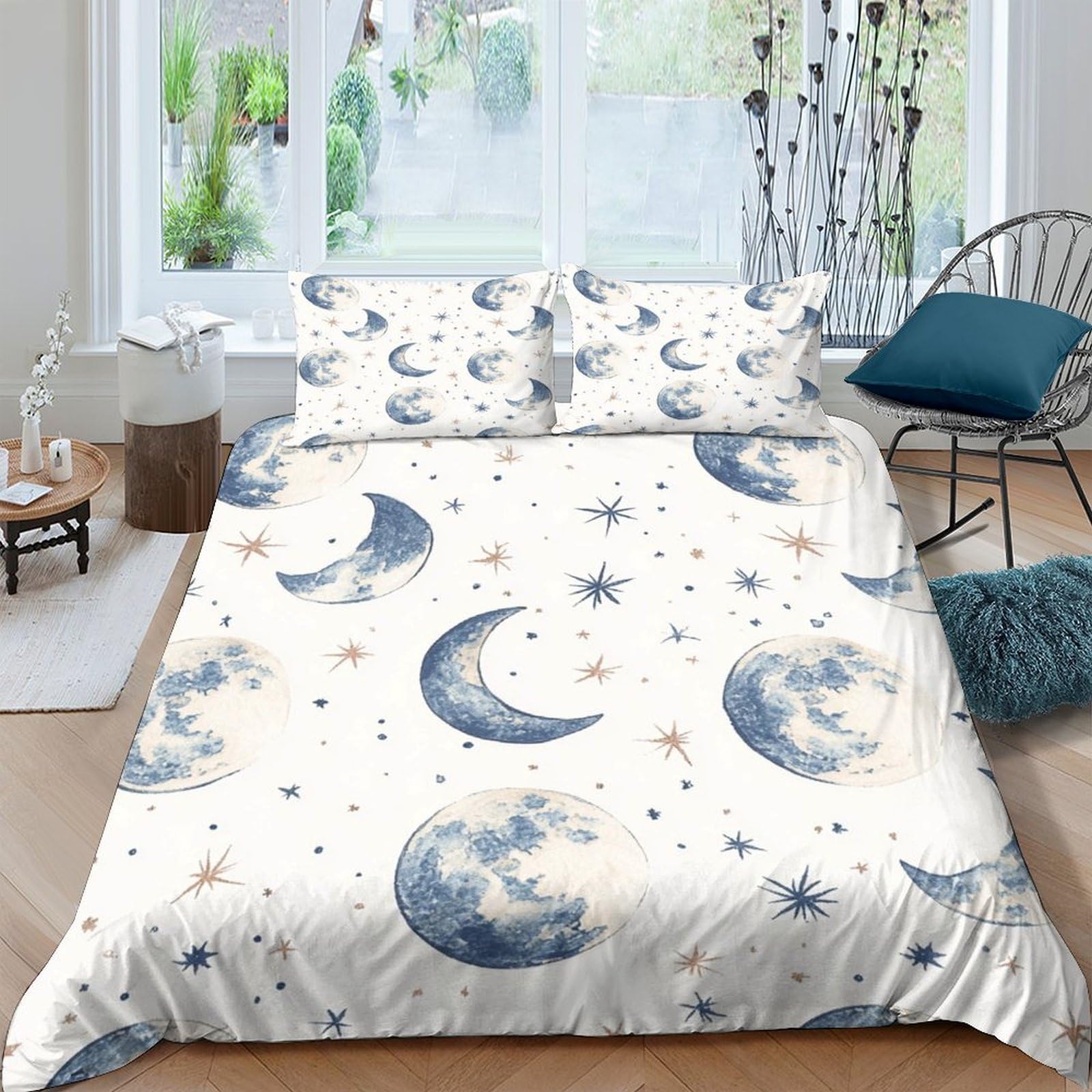GPLZQXKJNH 3D Printed Moon Star Duvet Cover Microfiber Soft Breathable Night Sky Bedding Set with 2 Pillowcases for Bedroom Decor Single（135x200cm）