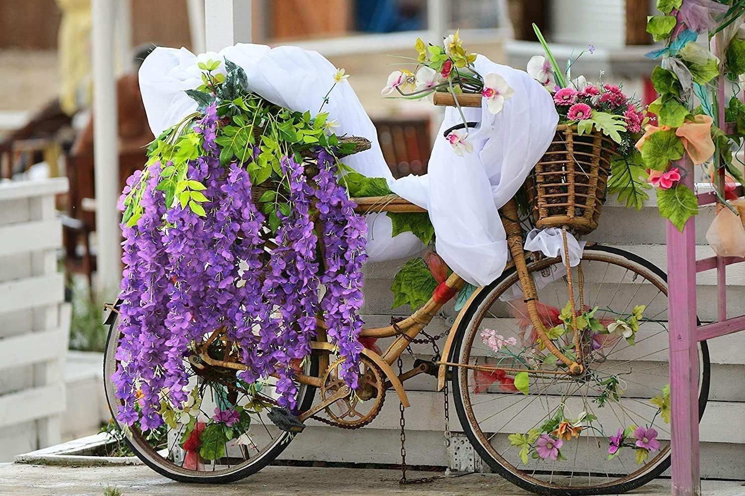 SZJH 12pcs 3.6 Feet/Piece Artificial Fake Wisteria Vine Ratta Hanging Garland Silk Flowers String Home Party Wedding Decor (Dark Purple) - Image 4