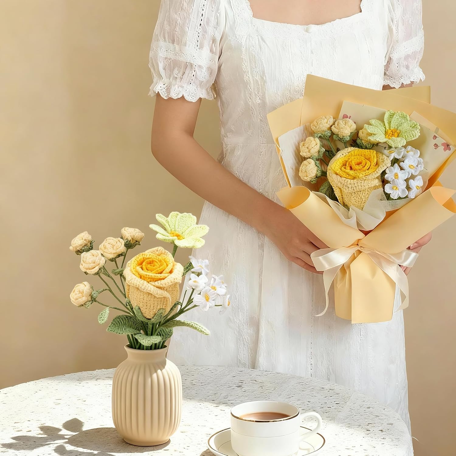 Yellow Crochet Flower Bouquet, Finished Handmade Rose and Forget-Me-Not, Soft Knitted Forever Flowers for Graduation, Birthday Gift for Women, with Gift Card - Image 7