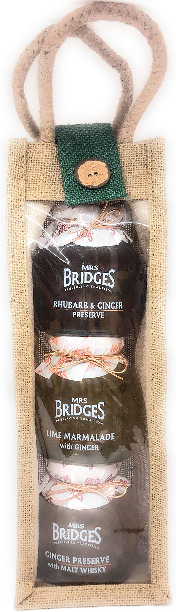 Mrs Bridges Ginger Collection 3 X340G Jars in Natural Jute Bag with cute coconut button