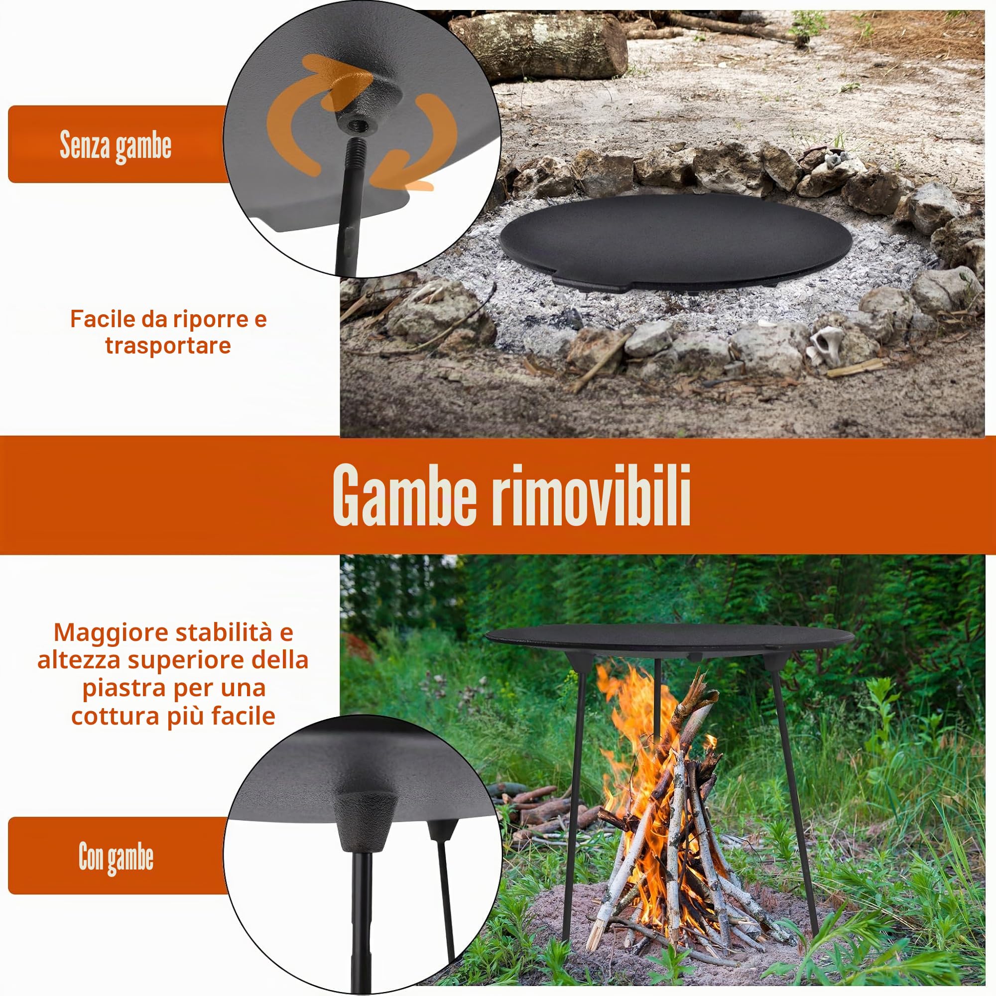 UISEBRT Bistecchiera in ghisa Ø 45 cm, piastra rotonda con 3 gambe, bruciata per una perfetta frittura, supporto olandese con custodia protettiva