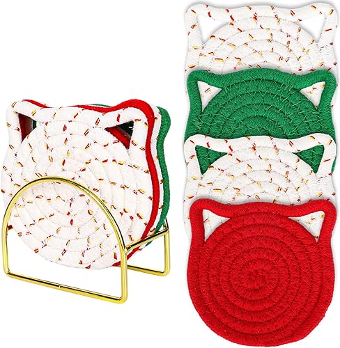 Miniatura 8 de Whaline Juego de posavasos con forma de oreja de gato, posavasos de algodón trenzados hechos a mano, antideslizantes, absorbentes, con soporte para