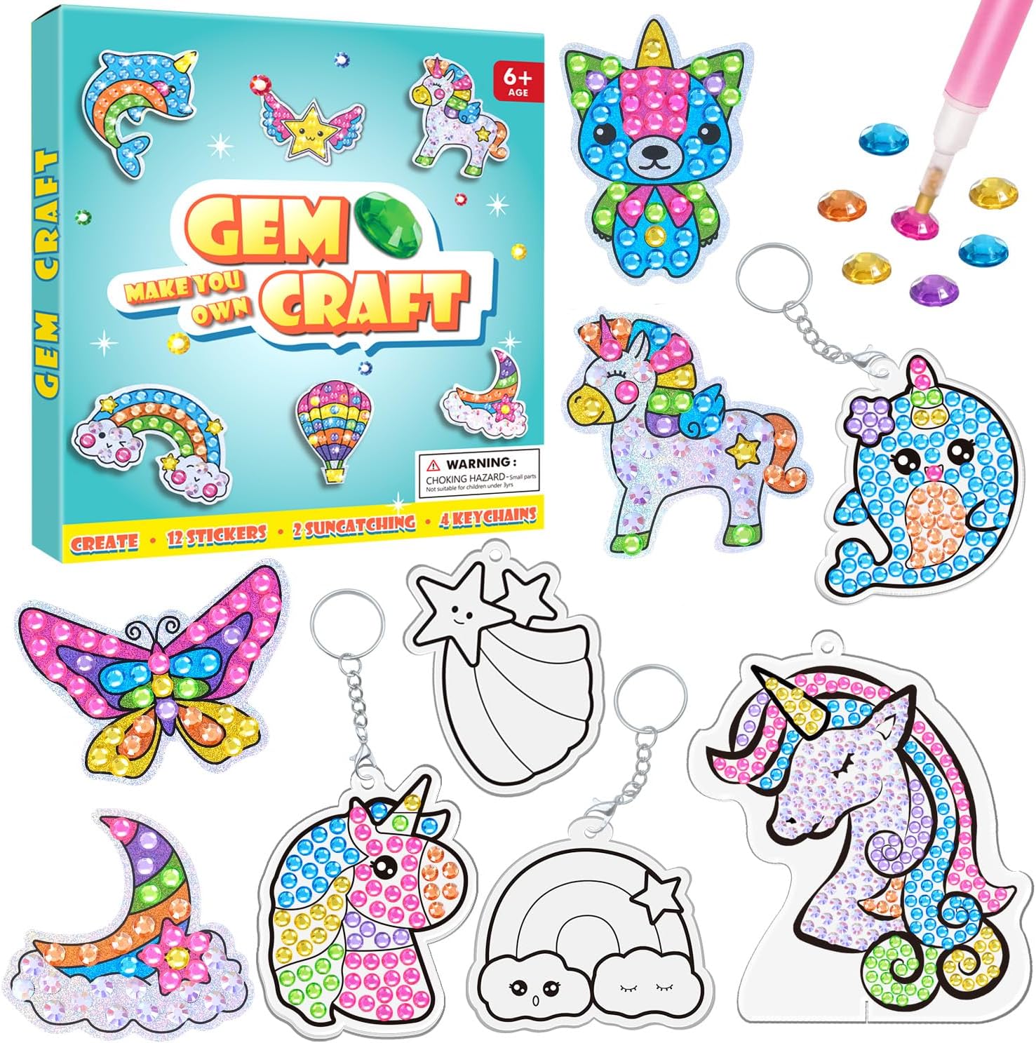 WAHFNG Gem Art, Diamond Art Kids Painting Kit -Make Your Own Stickers,Keychains & Suncatchers - Arts and Crafts for Girls and Boys Ages 6-12 - Best Gift Ideas for Age 6, 7, 8, 9, 10,11,12 Years Old