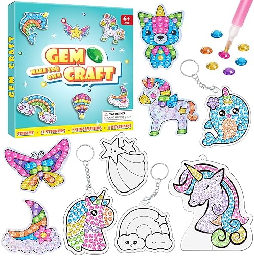 WAHFNG Gem Art, Kit de Pintura de Diamantes para Niños - Crea Tus Propios Adhesivos, Llaveros y Atrapadores de Sol - Artes y Manualidades para Niñas