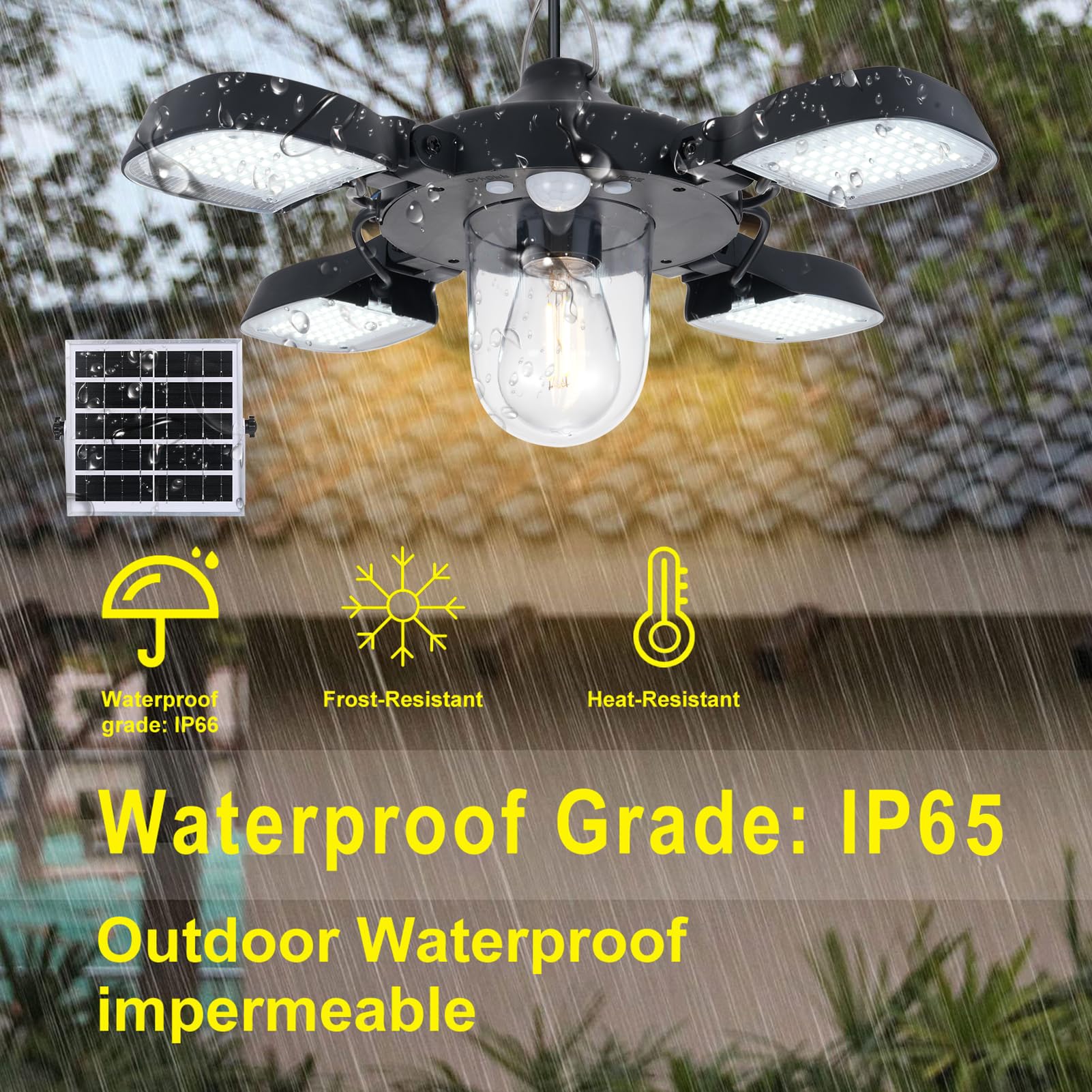 CaalLogt Solar Powered Pendant Lamp 192LEDs Solar Outdoor Shed Light Motion Sensor 5 Lighting Modes Indoor Work Light 4-Panel Hanging Lamp Waterproof Light for Gazebo Garage Shop Barn Home House - Image 3
