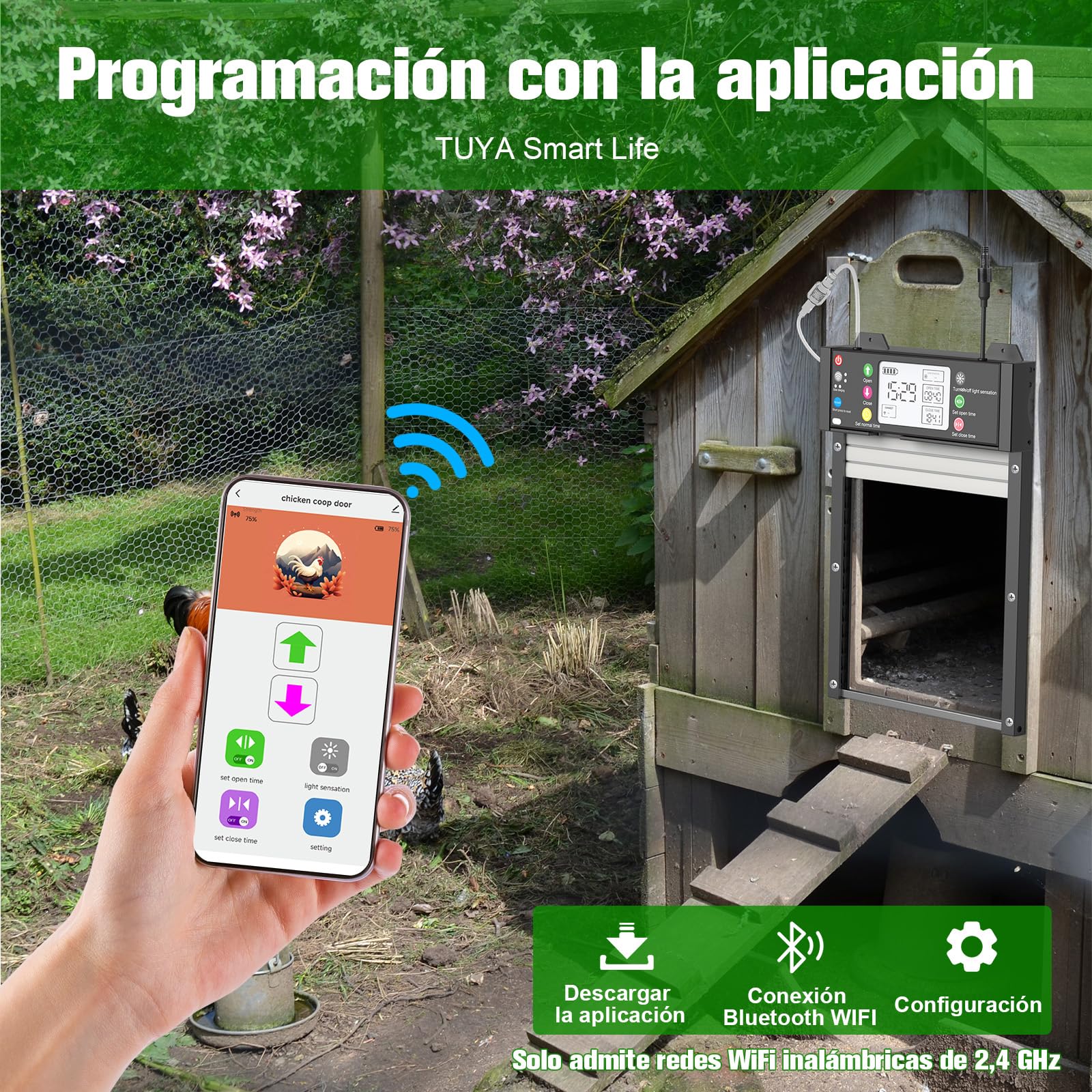 Puerta Automática para Gallinero Control de Aplicación, Pantalla LCD, Control mediante Aplicación, Control Remoto, Sensor de Luz, Temporizador y Manual, Carga Solar y USB, Antipinzamiento, Impermeable