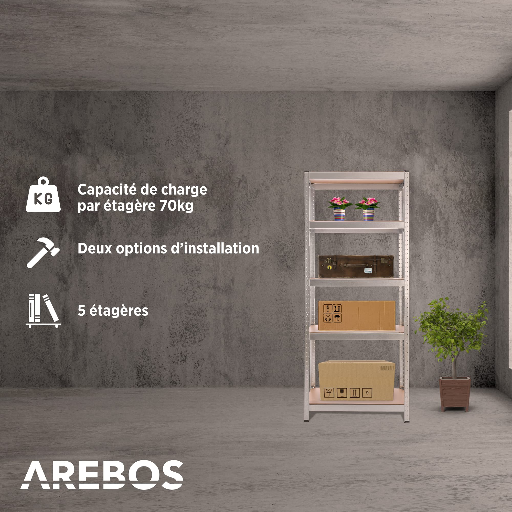 AREBOS Étagère Charge Lourde Rangement | 350 kg Capacité Totale | 75 x 30 x 180 cm | Métal galvanisé et Panneau de Fibre de Bois MDF