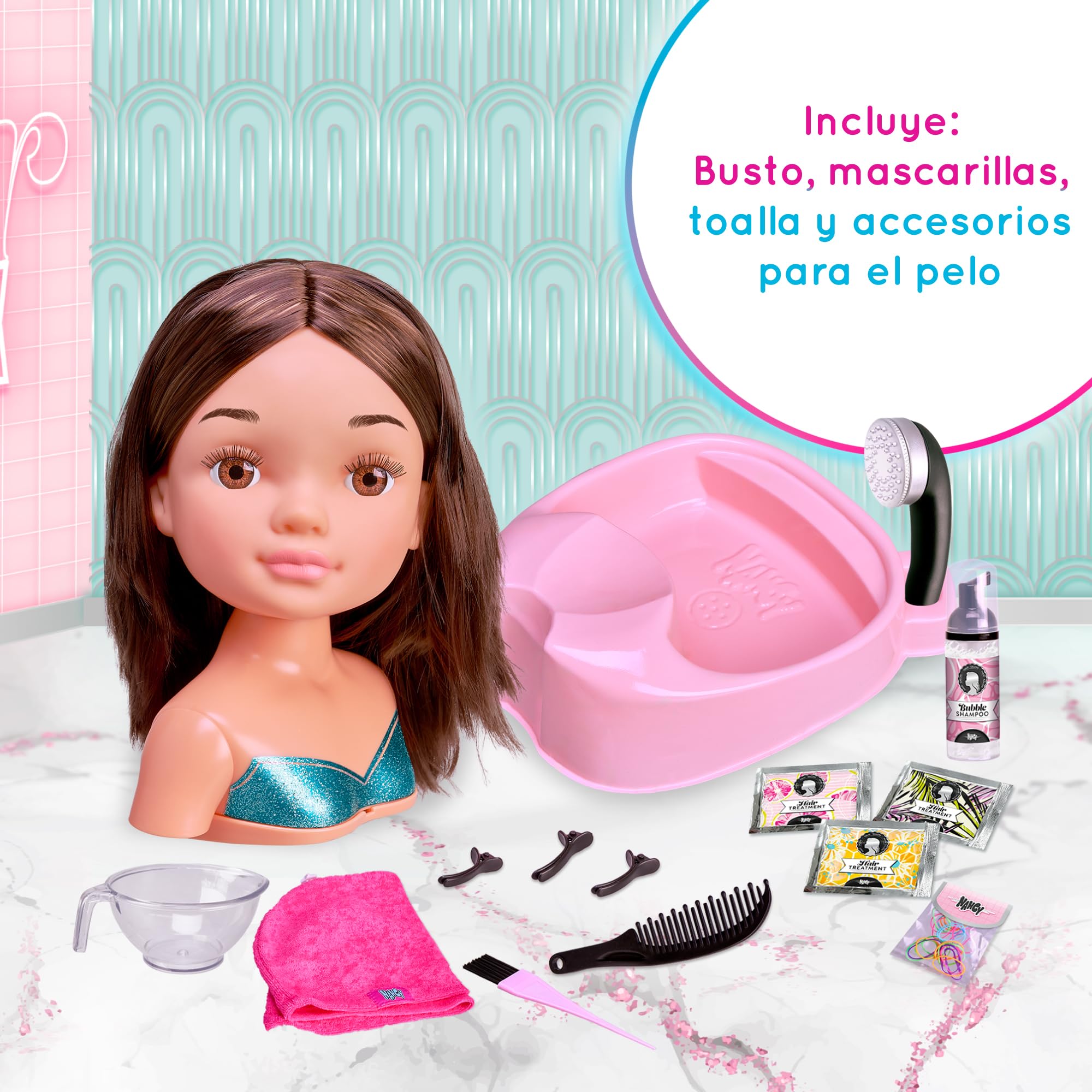 Nancy Hair Salon, Testa capelli castani, lavatesta che funziona per davvero,accessori per poter creare acconciature, per bambine/I da 3 anni, Famosa (NACB2000)