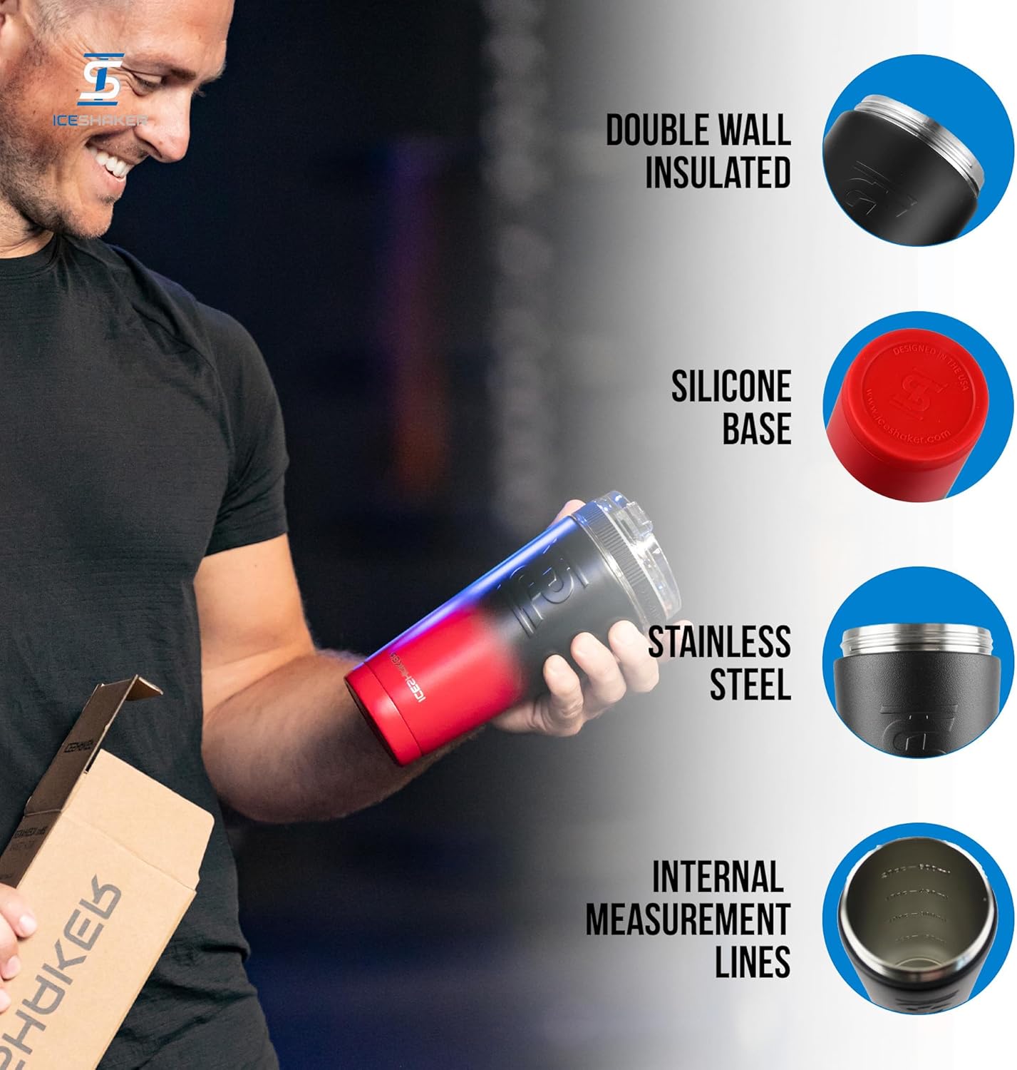 Ice Shaker Insulated Stainless Steel Shaker Bottle | 26oz, Red/black | Cold for 30+ Hours | Insulated Cup with Twist-on Agitator | Odor-Free Bottle for Protein Shakes, Water, Smoothies, Cocktails - Image 2