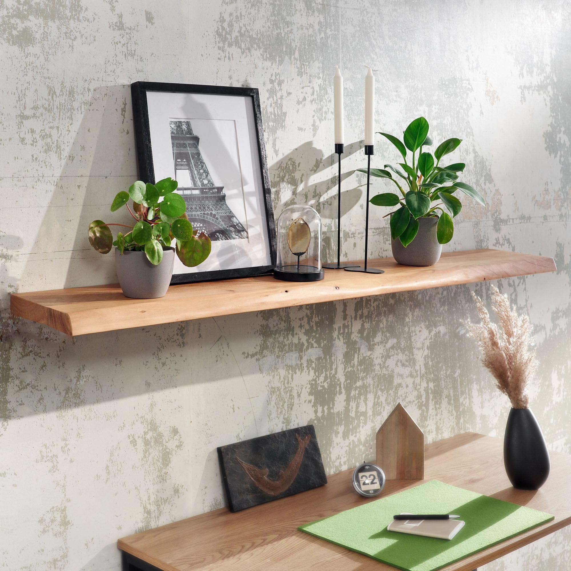 WOHNLING Mensola 140 cm Acacia Massello Bordo Naturale, Mensola Sospesa | mensola da parete rustica in stile country, mensola sospesa per libri e decorazioni, fatto a mano, ogni scaffale è unico