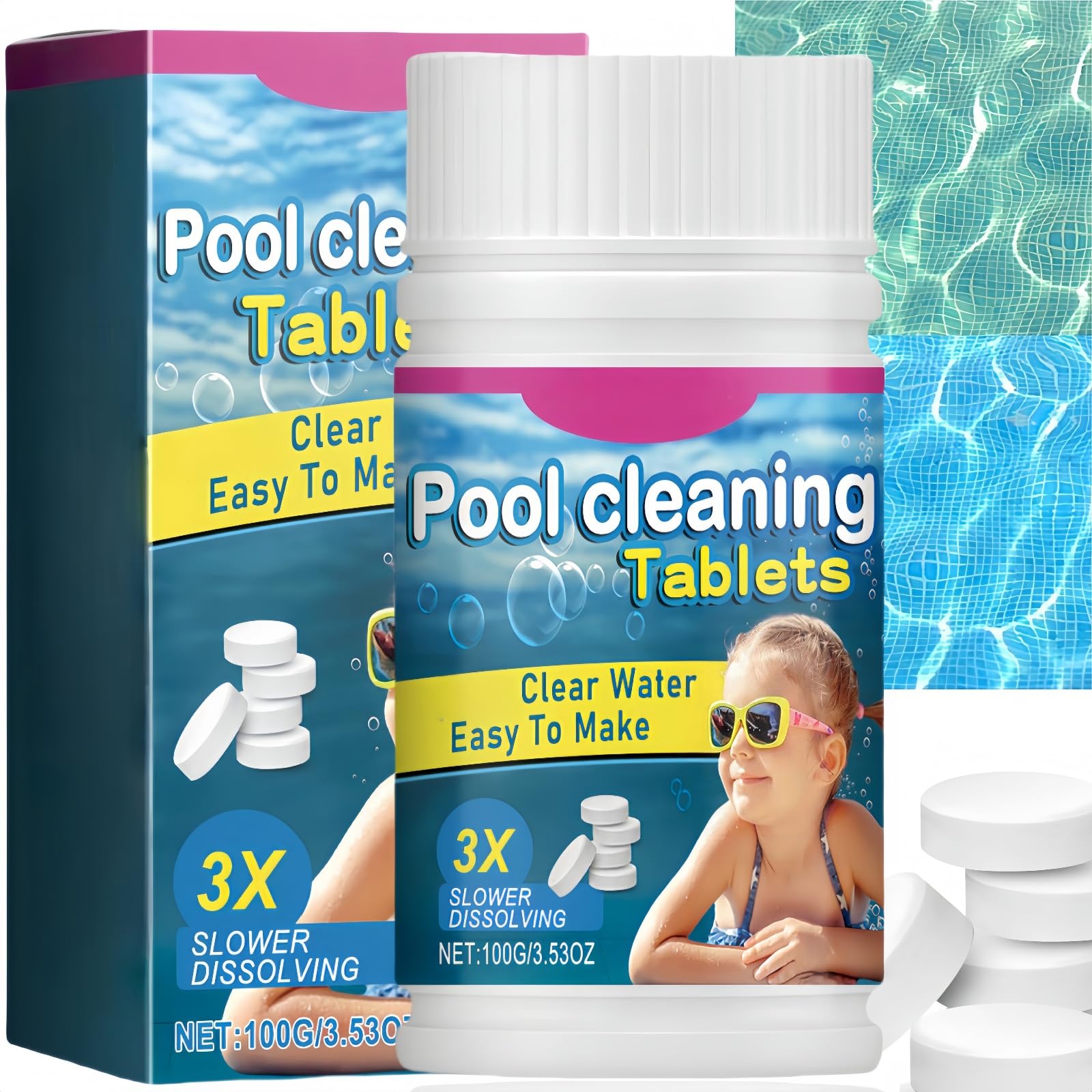 100PCS Multifunctional Chlo/rine Tablets for Swimming Pools,Hot Tubs&Spas Cleaning Tablets for Inflatable Spas&Pool Maintenance,Bathtubs Multifunction Tablet,Slow Dissolving Long-Lasting Cleaning